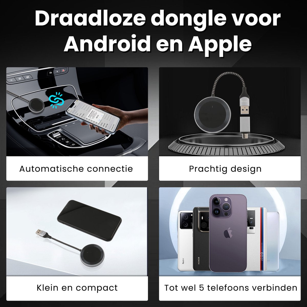 Saaf D200 Plus Apple CarPlay & Android Auto Dongle – Draadloos – USB-C & USB-A – Compact 6,5 x 3,5 x 1,2 cm