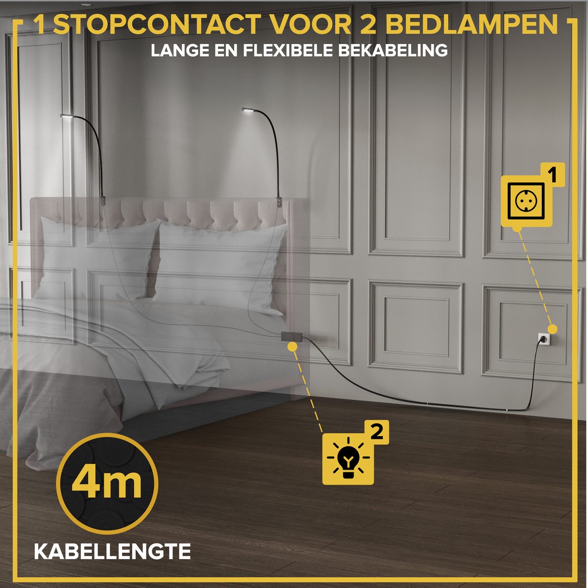 Realight BL300 Bedlampje – LED Nachtlampje met Dimfunctie – Leeslampje voor Bed & Hoofdbord – Touchlamp – Warm Wit Licht – 2 Stuks – 58 cm – Zwart