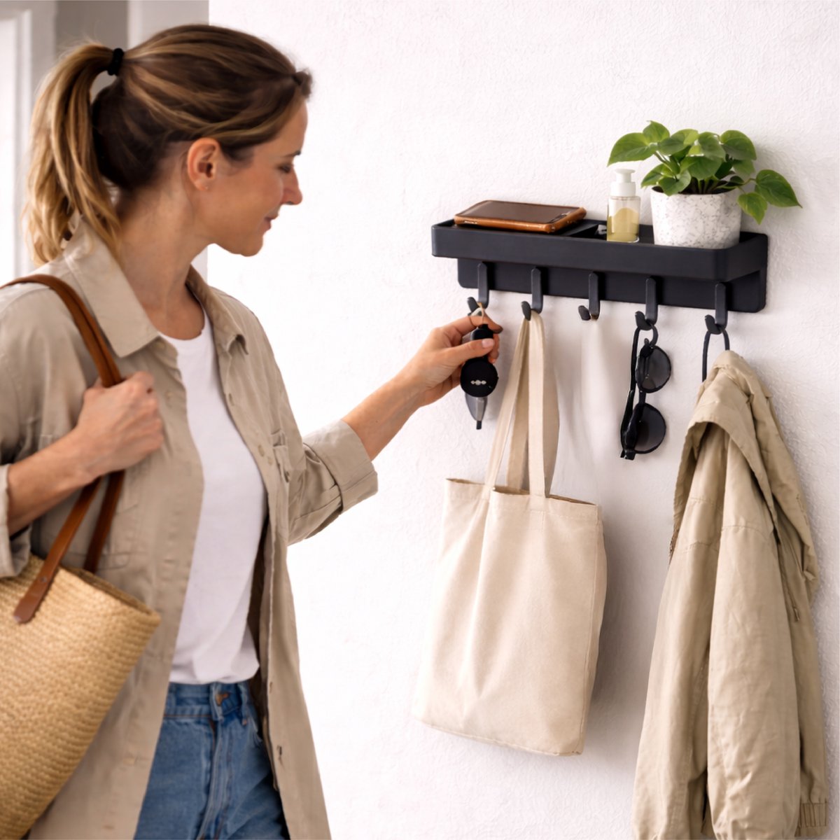 Luft Sleutelhouder met Plank - 6 Haken - Kapstok - Organizer - Muur - Industrieel - Zwart