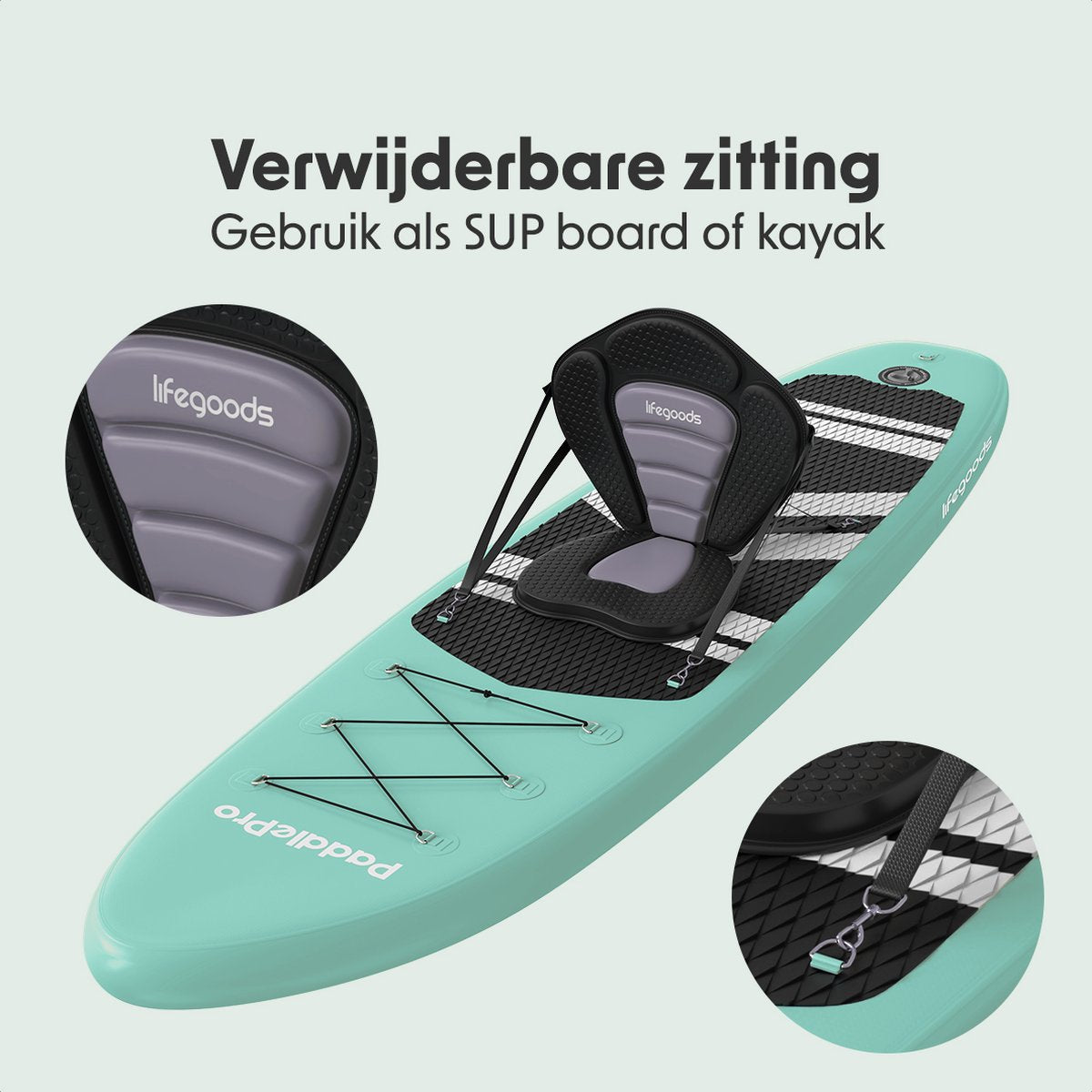 LifeGoods PaddlePro SUP Board - met Zitje - Opblaasbaar - Complete Set - Max. 135KG - 320x81cm - Pastelgroen