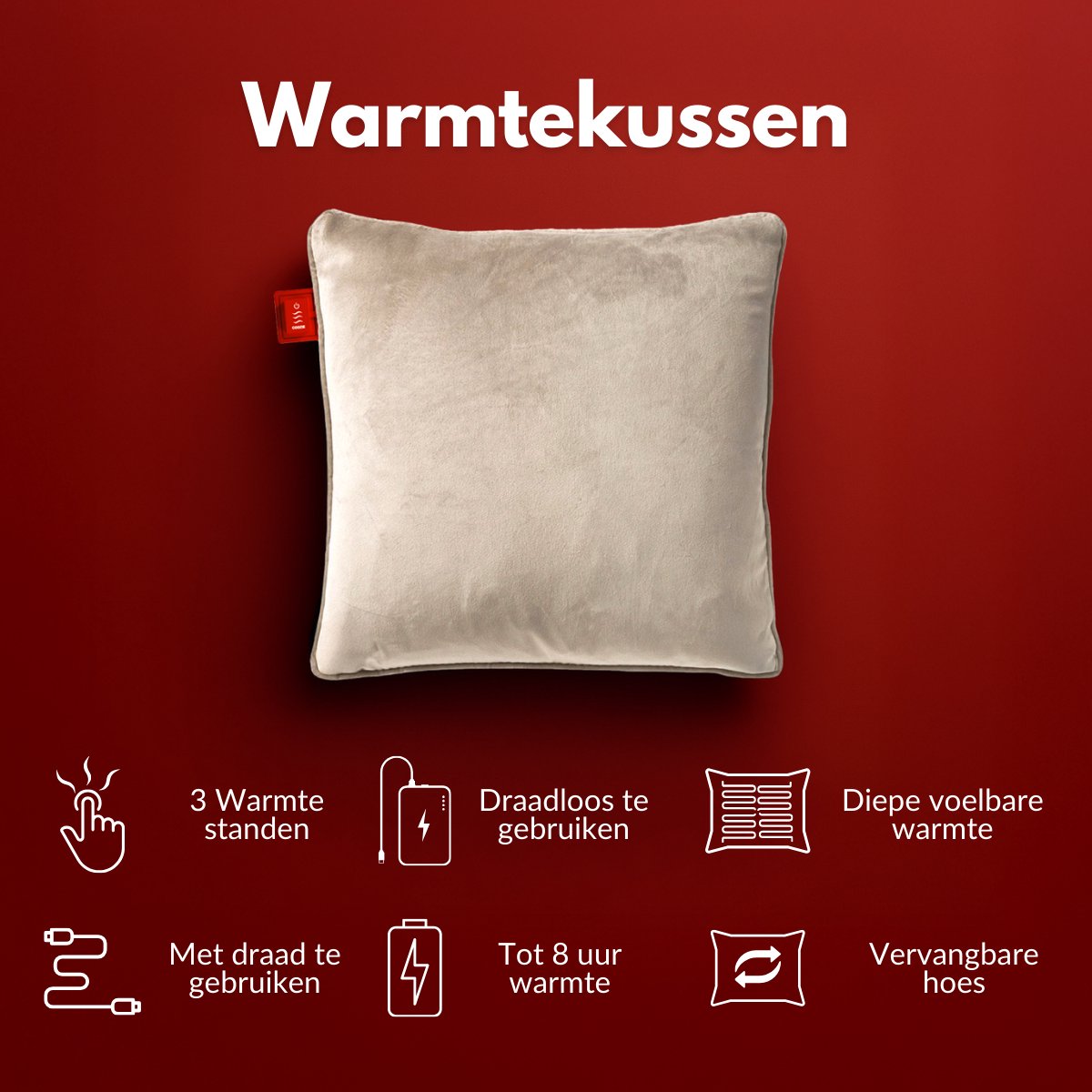 Coozie Oplaadbaar Warmtekussen 45x45 cm – Draadloos & Bedraad – 3 Warmtestanden (45–65°C) – Velvet Beige – Incl. 10.000 mAh Powerbank
