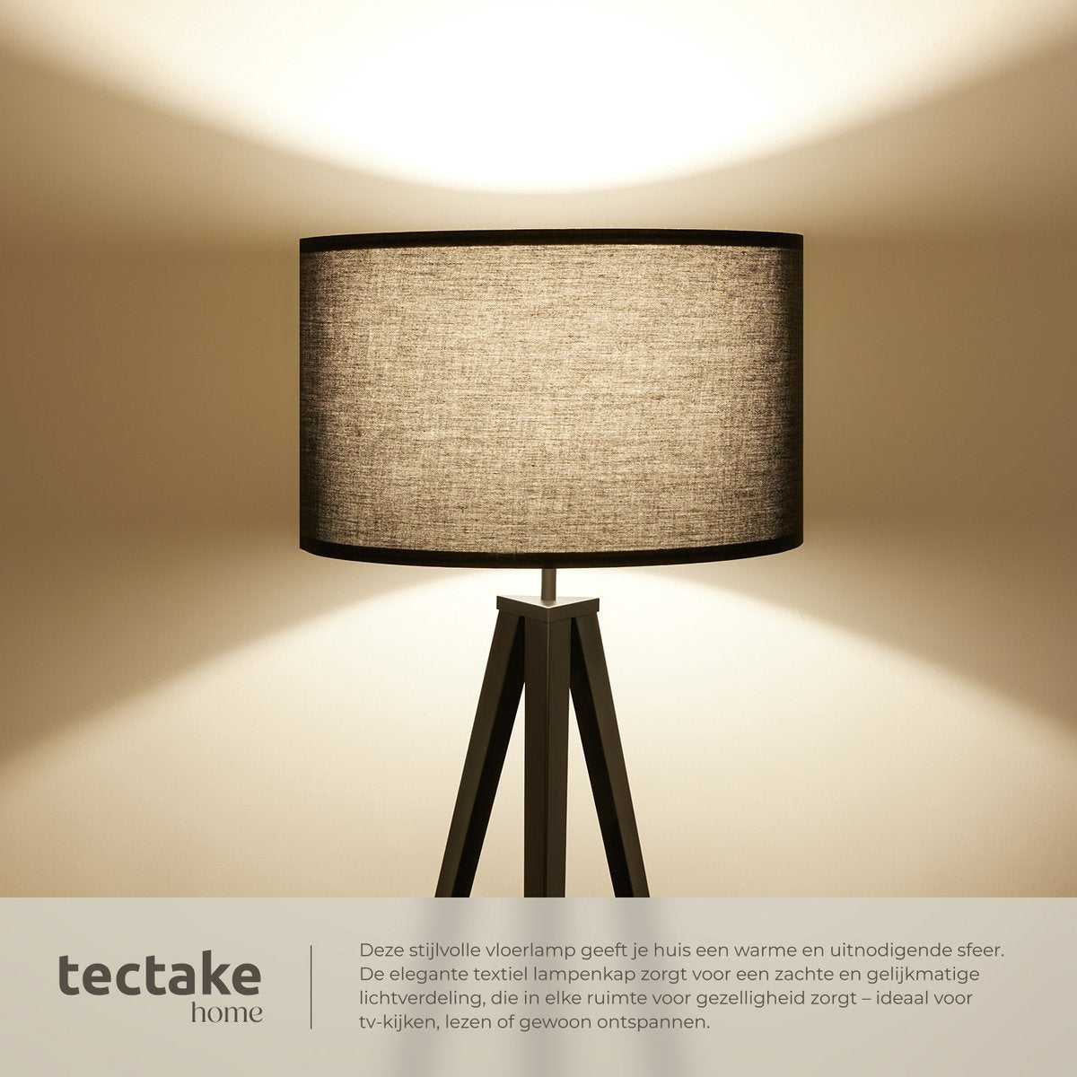 tectake® Vloerlamp - Staande lamp 3-poot - 158 cm hoog - Linnenlook kap - Voetschakelaar - Zwart