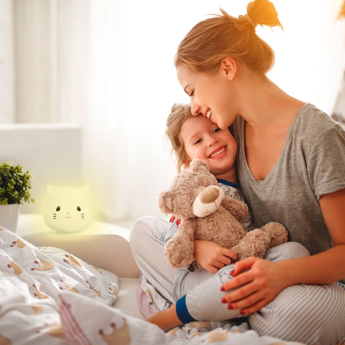 Sleepy Friends Premium Kat Nachtlampje Kinderkamer - USB Oplaadbaar, Dimbaar, Zacht & Veilig - 95 x 97 x 100 mm - Grijs