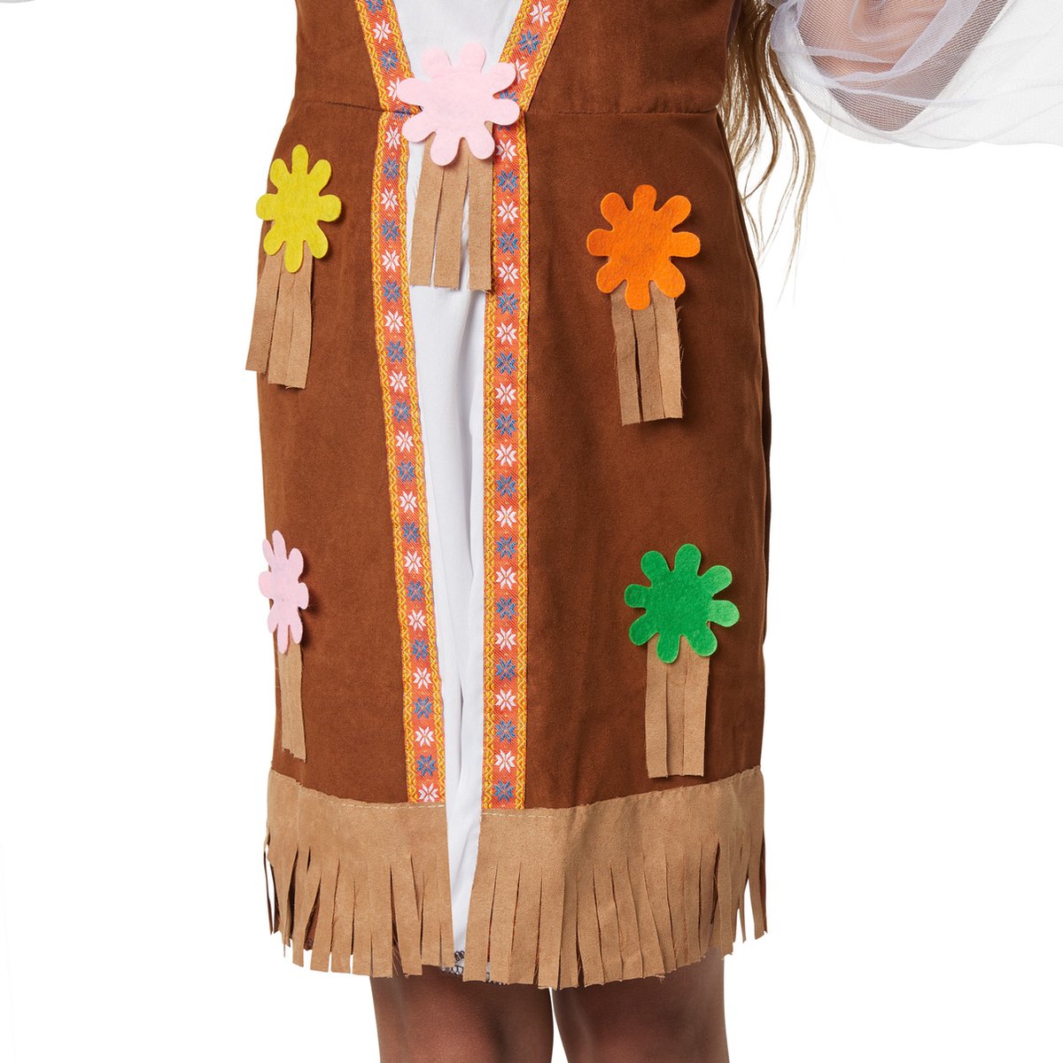 Dressforfun - Groovy Hippie Squaw - Meisjeskostuum met korte jurk, suèdelook vest, franjes en hoofdband voor Carnaval & Feest - Maat 140 (9-10 jaar)