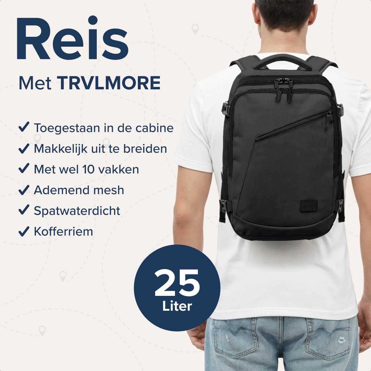 TRVLMORE Reistas - 25L Rugzak - Handbagage - Spatwaterdicht - Rugtas - Weekendtas - Dames en Heren - Antraciet