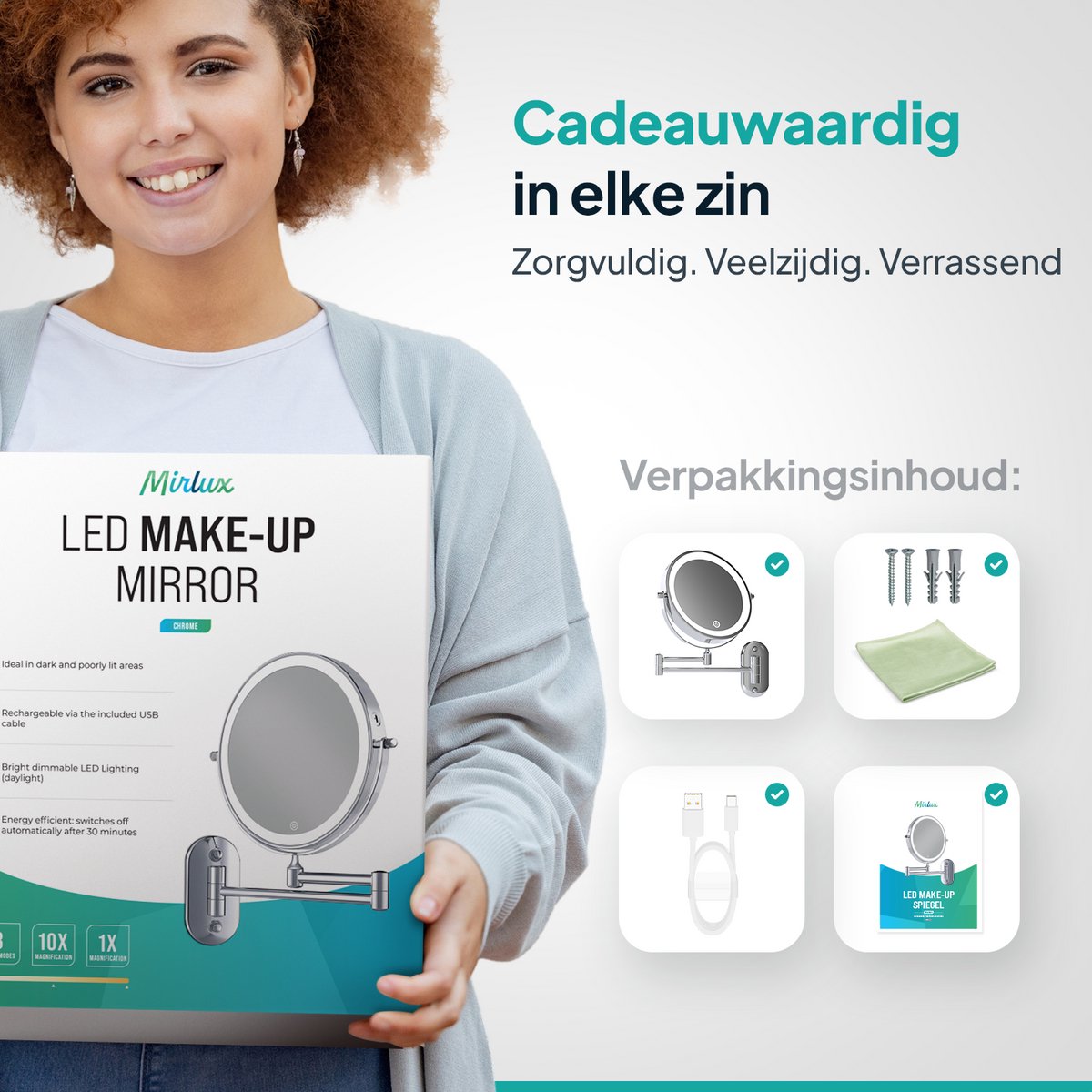 Mirlux Make-Up Spiegel met LED Verlichting 20 cm – 10x Vergroting – Oplaadbaar – Wandspiegel met Uitschuifbare Arm – Chroom