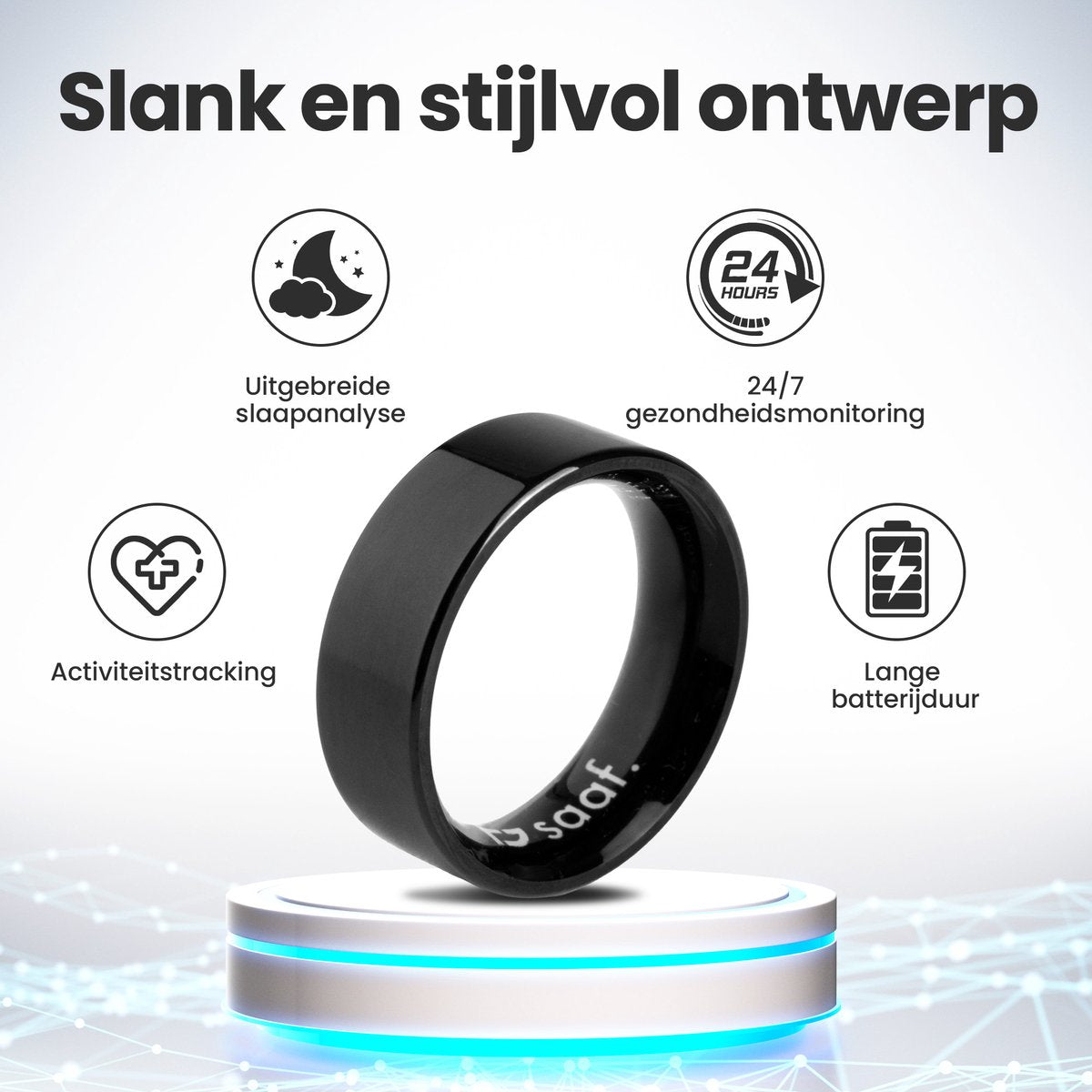 Saaf Smart Ring - Zwart - Maat 8 - Slanke Activity Tracker voor Dames en Heren