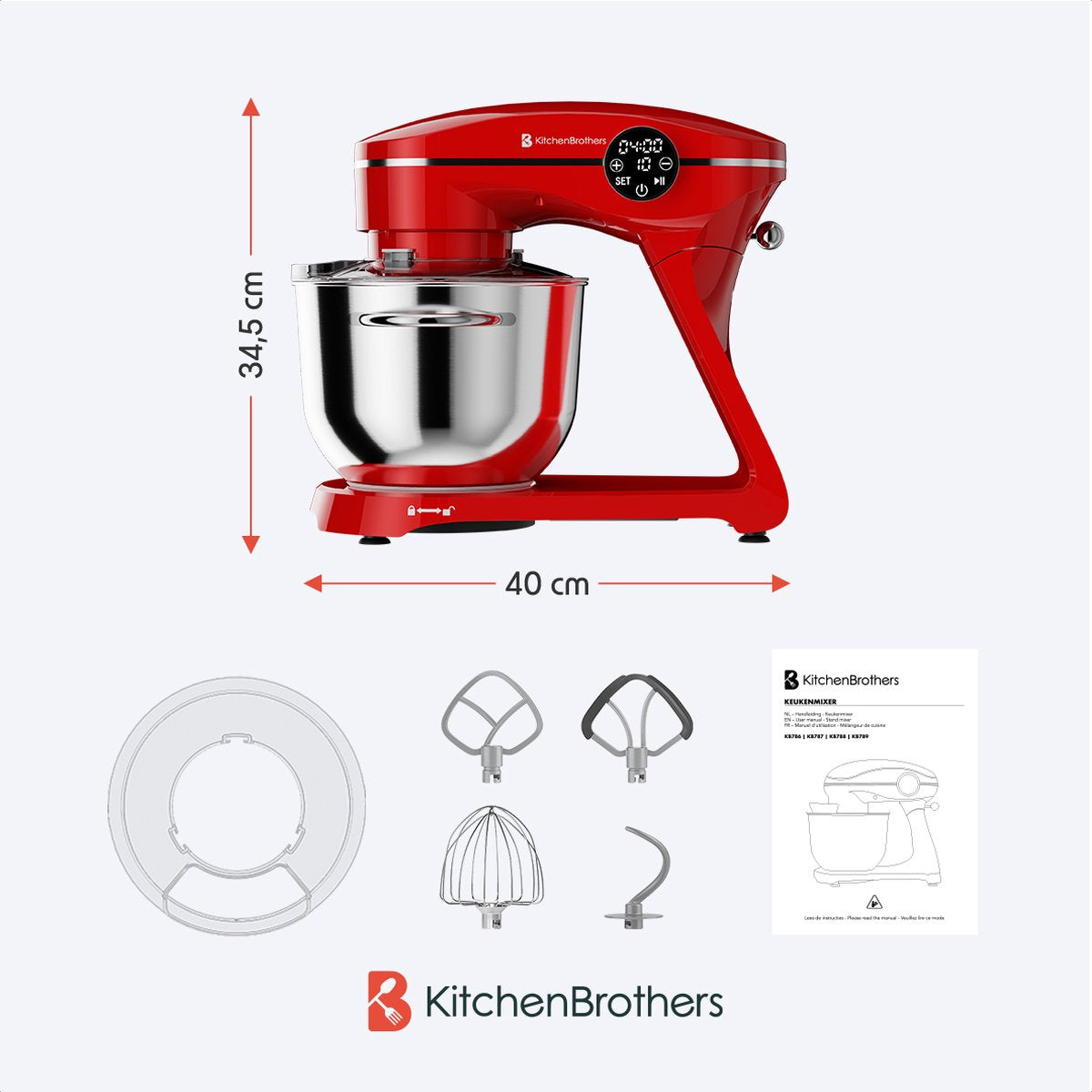 KitchenBrothers Keukenmachine - Touch Display en Timer - Keukenrobot - 6L - 1800W - Aluminium - Rood