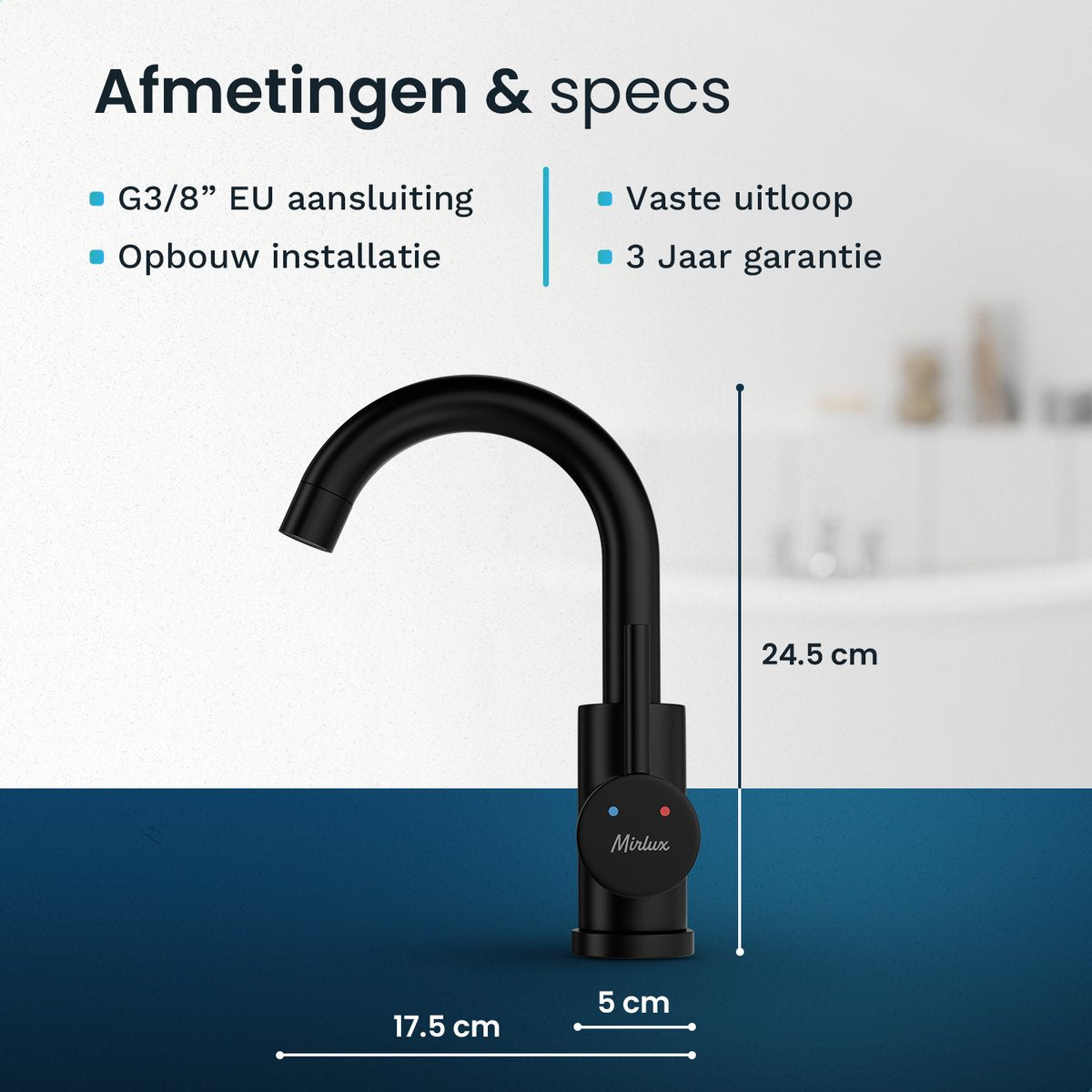 Mirlux Wastafelkraan Zwart 24,5 × 17 × 5 cm – Mengkraan Badkamer voor Koud en Warm Water