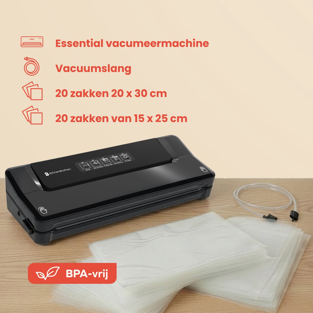 KitchenBrothers – Vacumeermachine – 4 Functies & Inclusief 40 PFAS-vrije Zakken – Voorzien Van Pulse-functie En Vacuümslang – Voor Sous-vide En Meal Prep – Zwart Kunststof