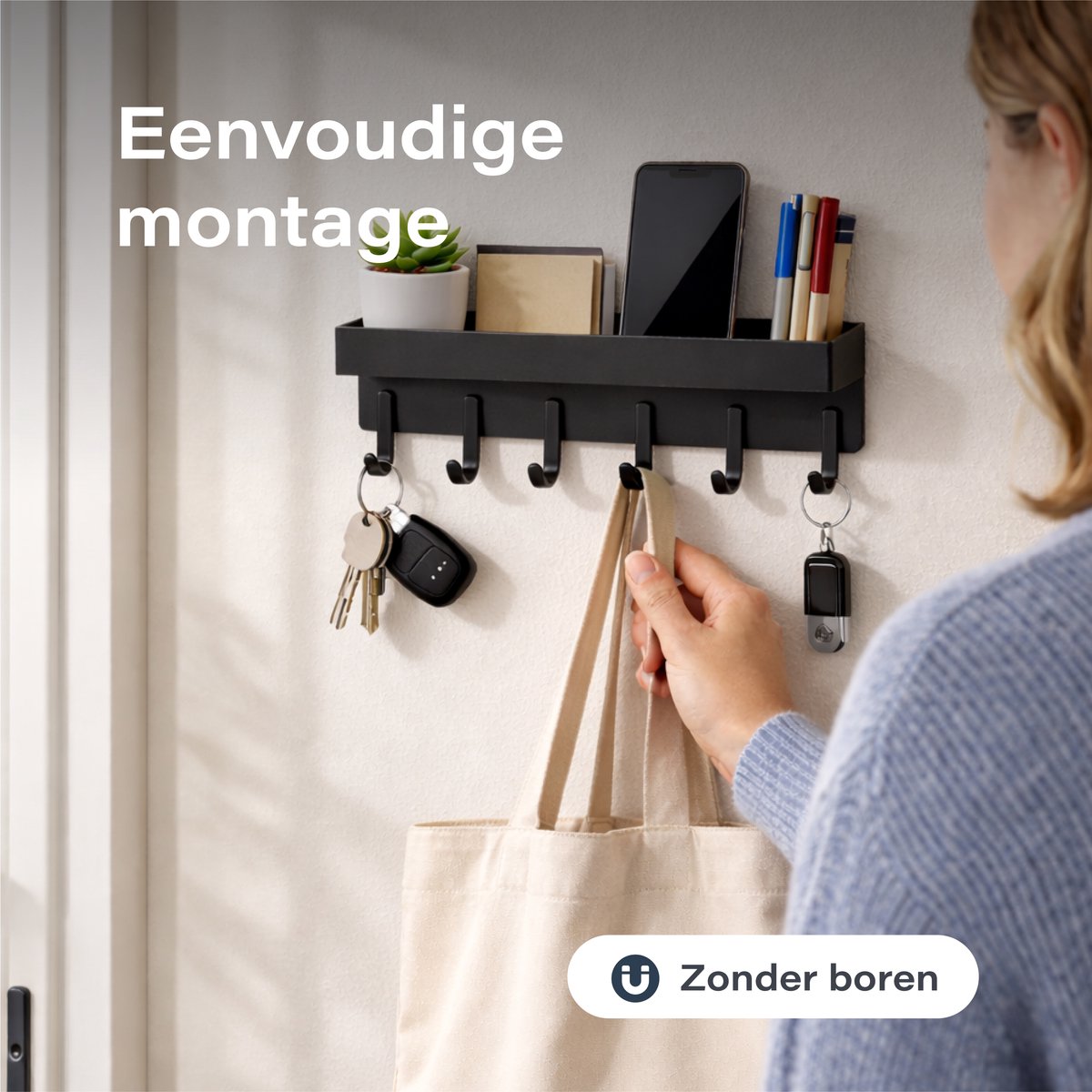 Luft Sleutelhouder met Plank - 6 Haken - Kapstok - Organizer - Muur - Industrieel - Zwart