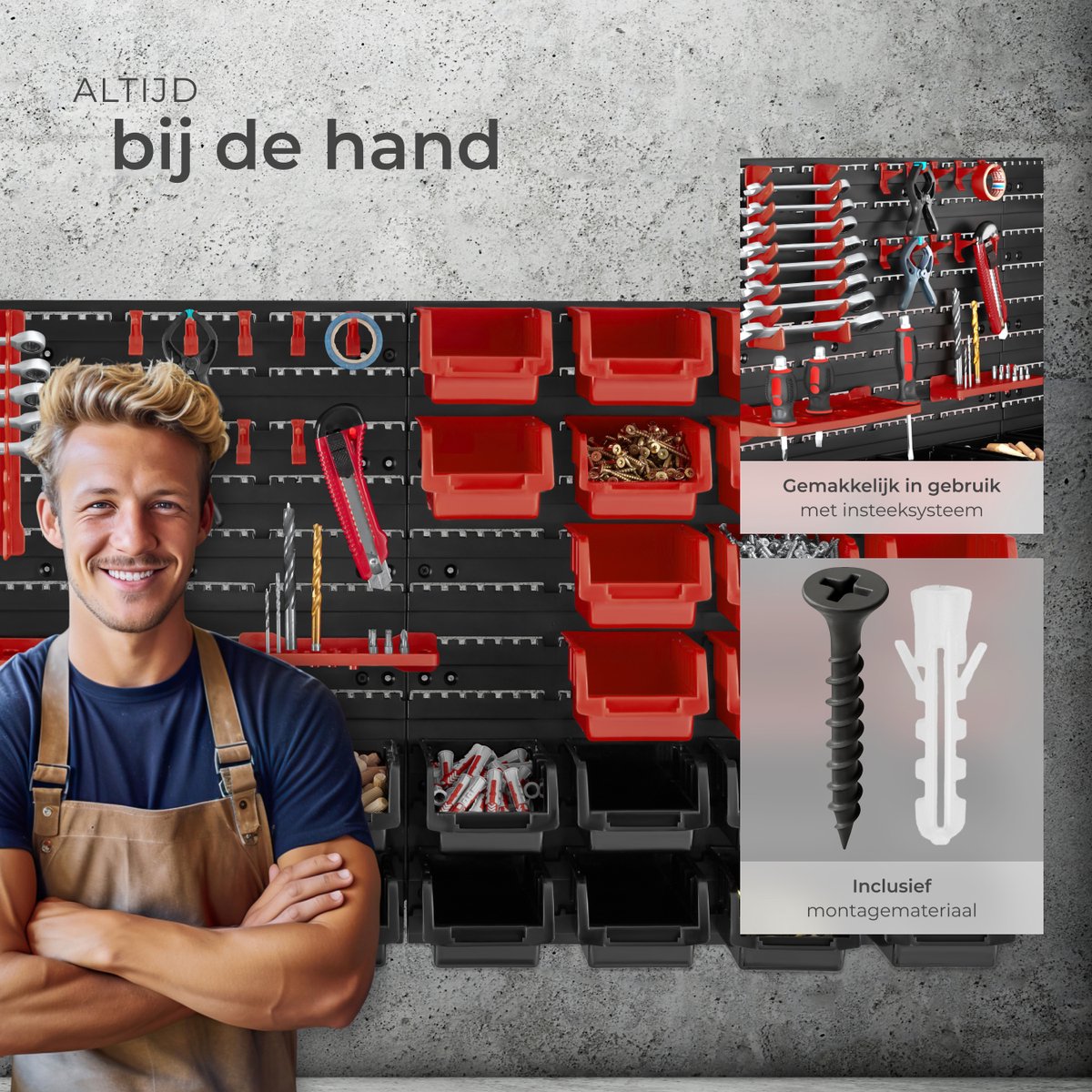 tectake werkplaats gereedschapswand - 96x17x54 cm - Zwart/Rood - 28 Opbergbakken & Wandhouders