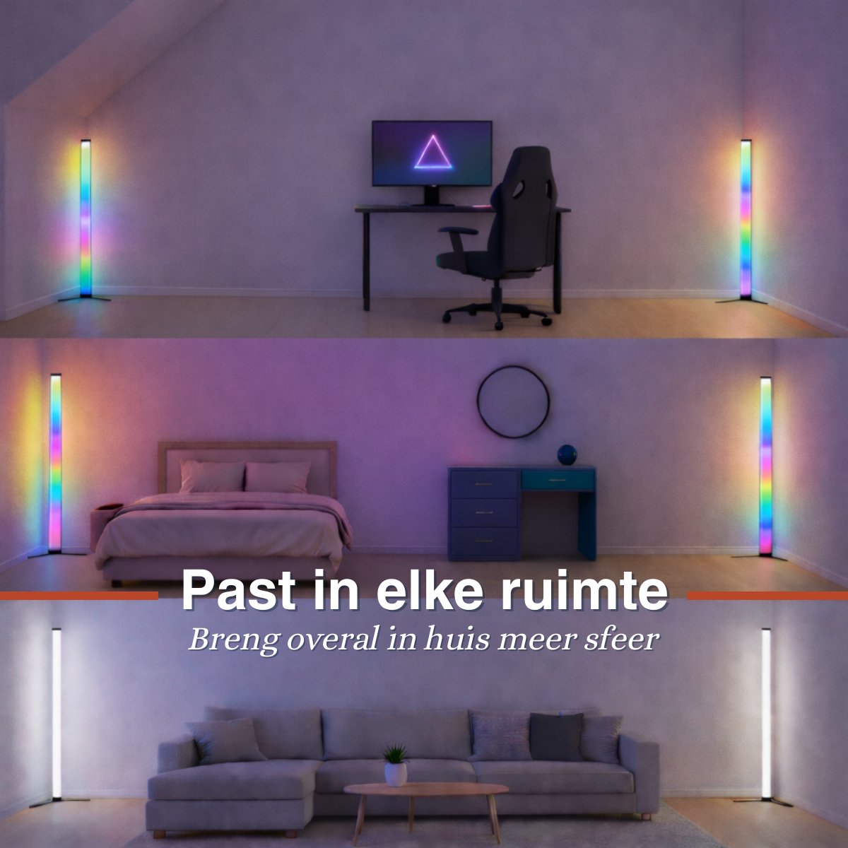 Grundig LED Vloerlamp 120 cm – RGB Staande Lamp met Afstandsbediening – USB Aangedreven – Sfeerlamp voor Woonkamer, Slaapkamer en Gaming – 4 Lichtmodi, 60 LED’s