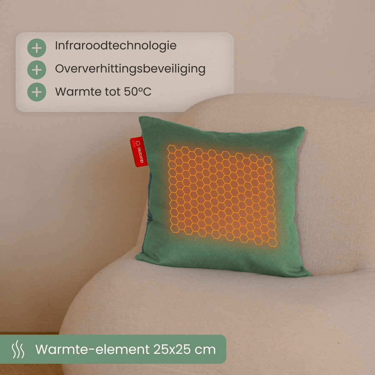 Auronic Warmtekussen - Classic - 45x45 - Draadloos - Oplaadbaar - Elektrisch kussen - Infrarood - Pastelgroen