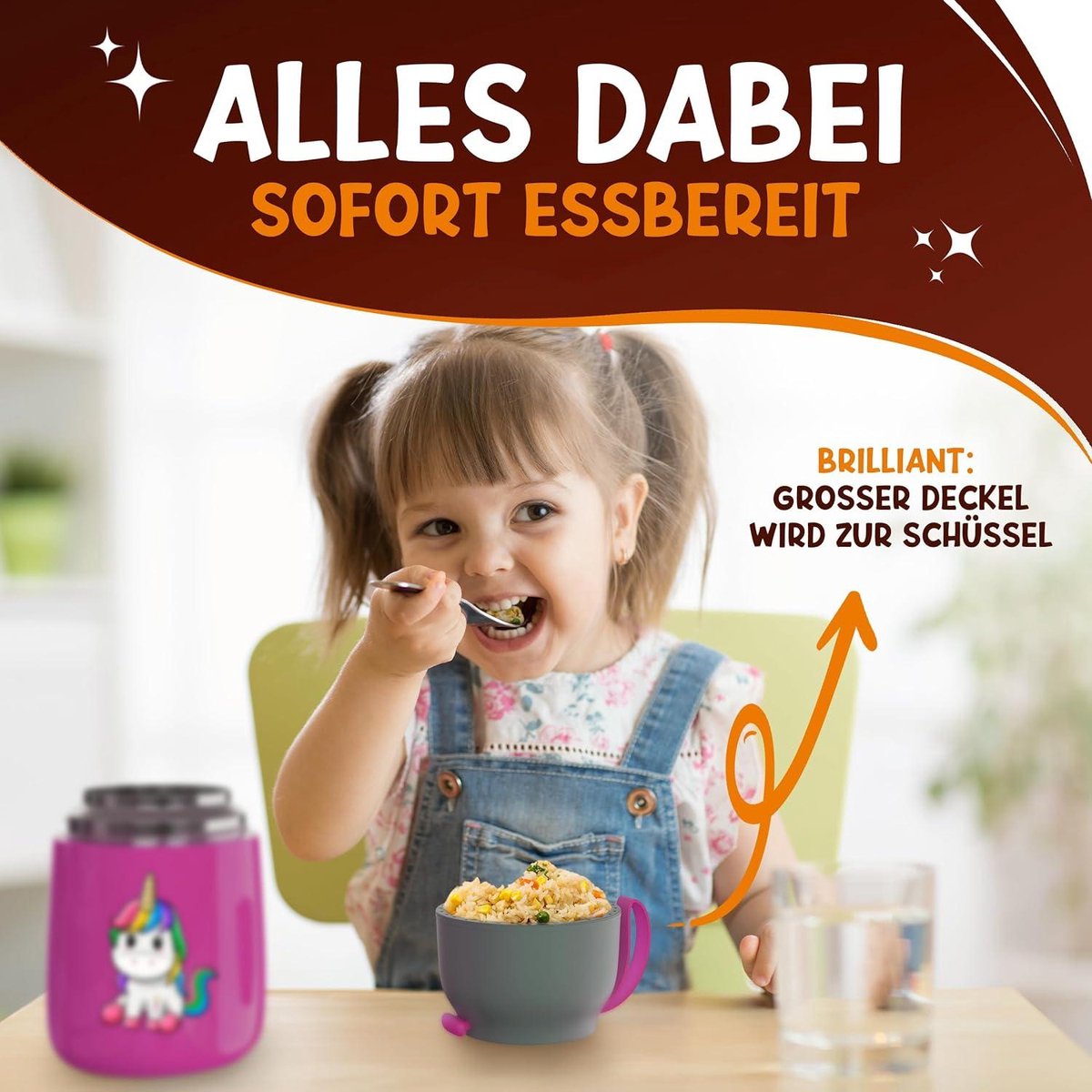 FUNKELFUCHS® Thermobeker voor kindervoeding - 500ml, roze eenhoorn - 100% lekvrij - Roestvrijstalen voedselwarmer - Thermo beker eten - Thermo lunchbox kinderen - Baby voedselwarmer
