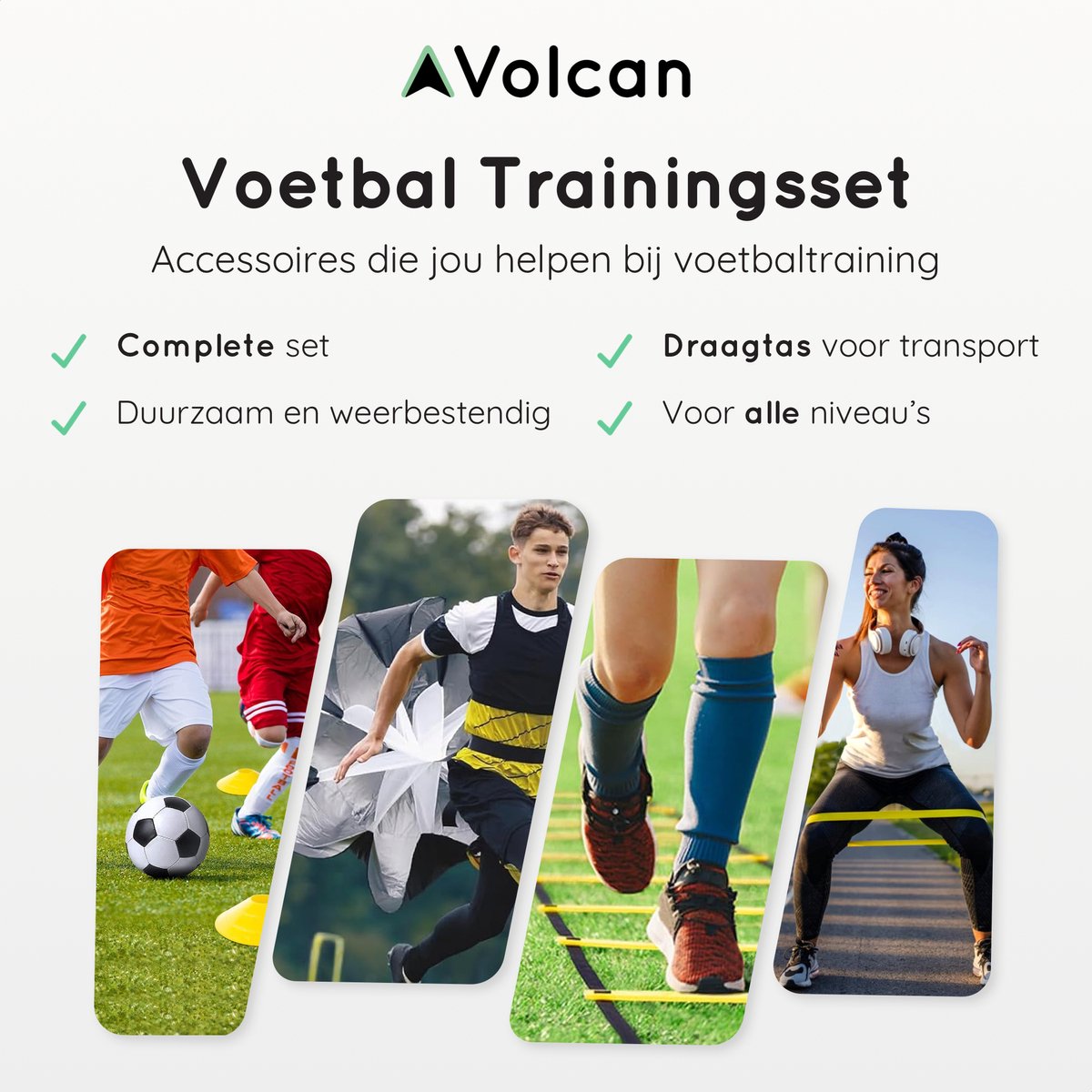 Volcan Voetbal Trainingsmateriaal Set - Training Spullen - Trainingshoedjes - Pionnen - Speedladder - Kegels - Weerstandsbanden - Weerstandsparachute - Baltrainer - Incl. draagtas