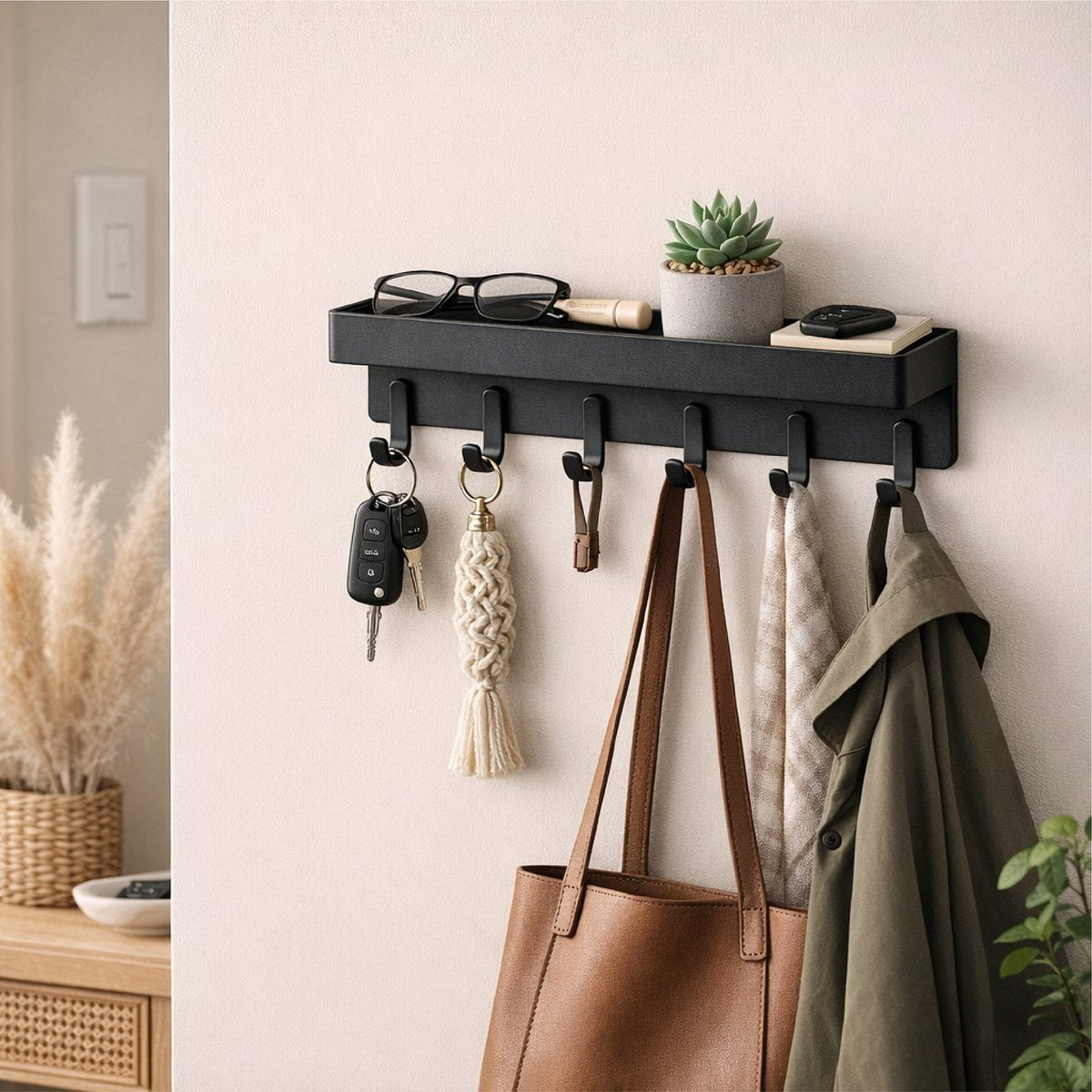 Luft Sleutelhouder met Plank - 6 Haken - Kapstok - Organizer - Muur - Industrieel - Zwart