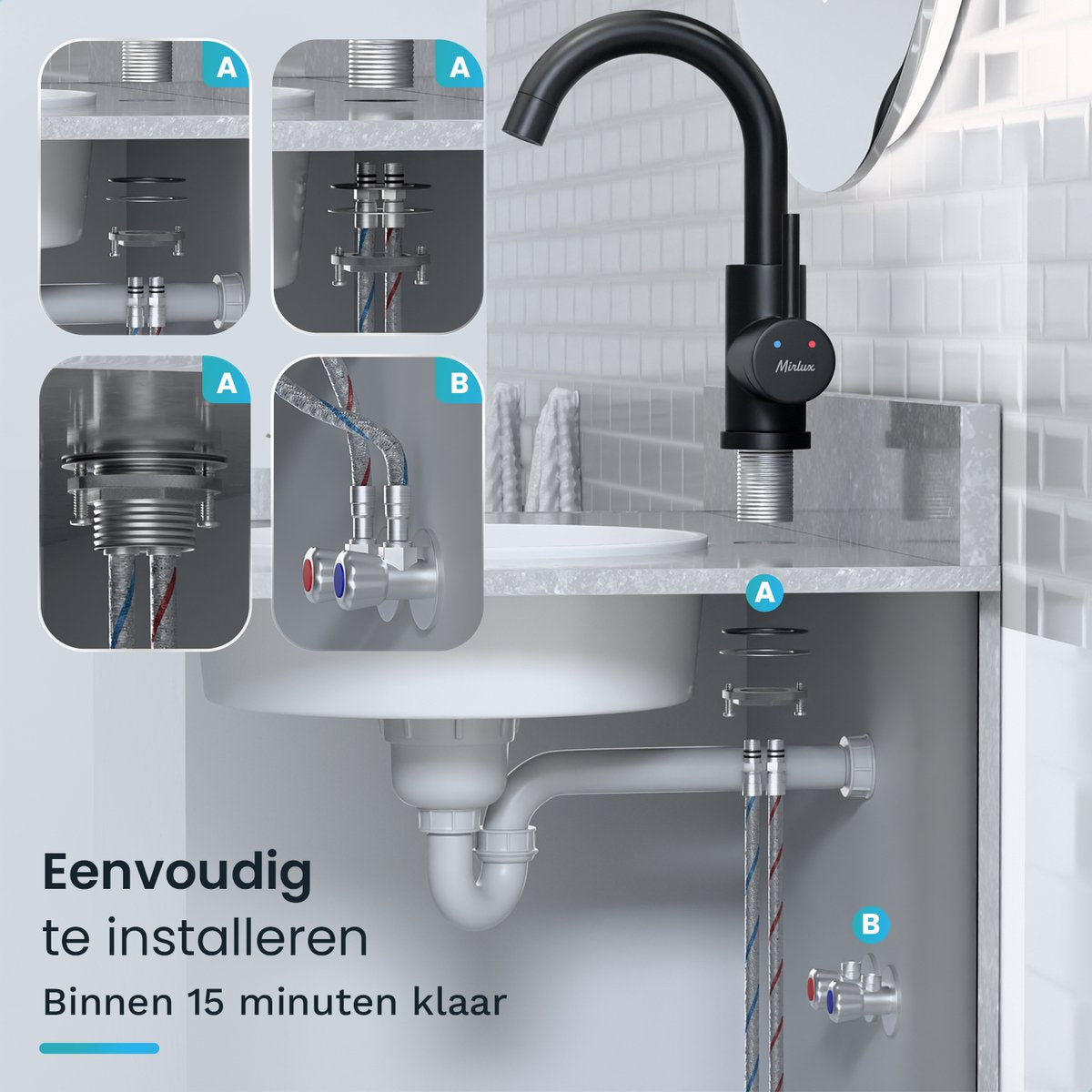 Mirlux Wastafelkraan Zwart 24,5 × 17 × 5 cm – Mengkraan Badkamer voor Koud en Warm Water