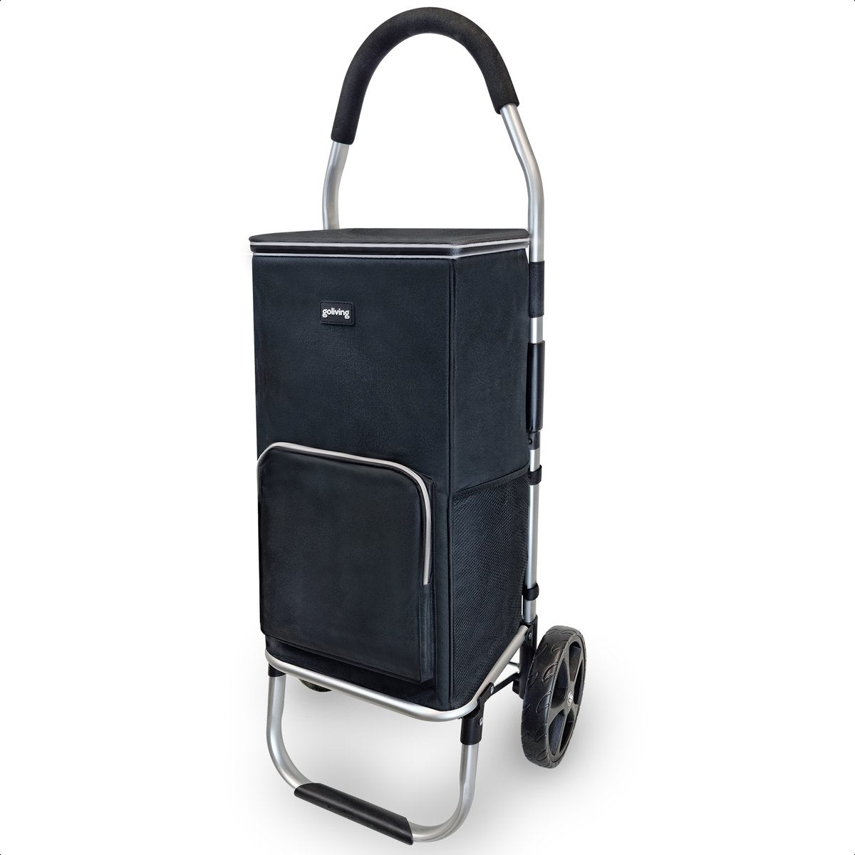 Goliving Boodschappentrolley - Boodschappenwagen met Zijvakken en Koelvak - Opvouwbaar - Weerbestendig - Roestvrij Aluminium - Boodschappenkar met Wielen - 50L - Zwart