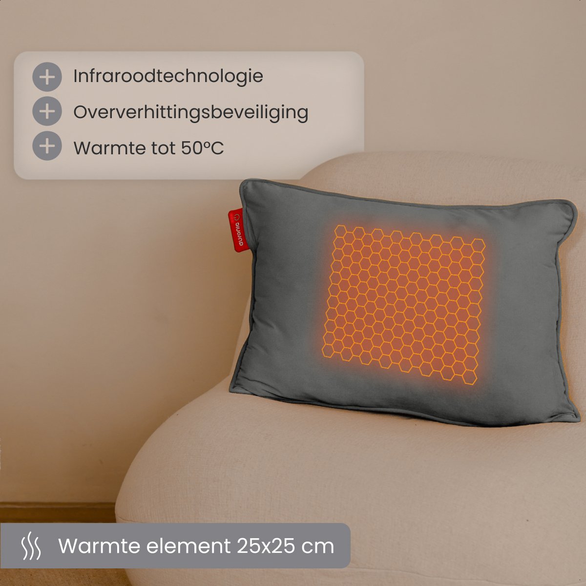 Auronic Warmtekussen - Velvet - 45x60 - Draadloos - Oplaadbaar - Elektrisch kussen - Infrarood - Grijs