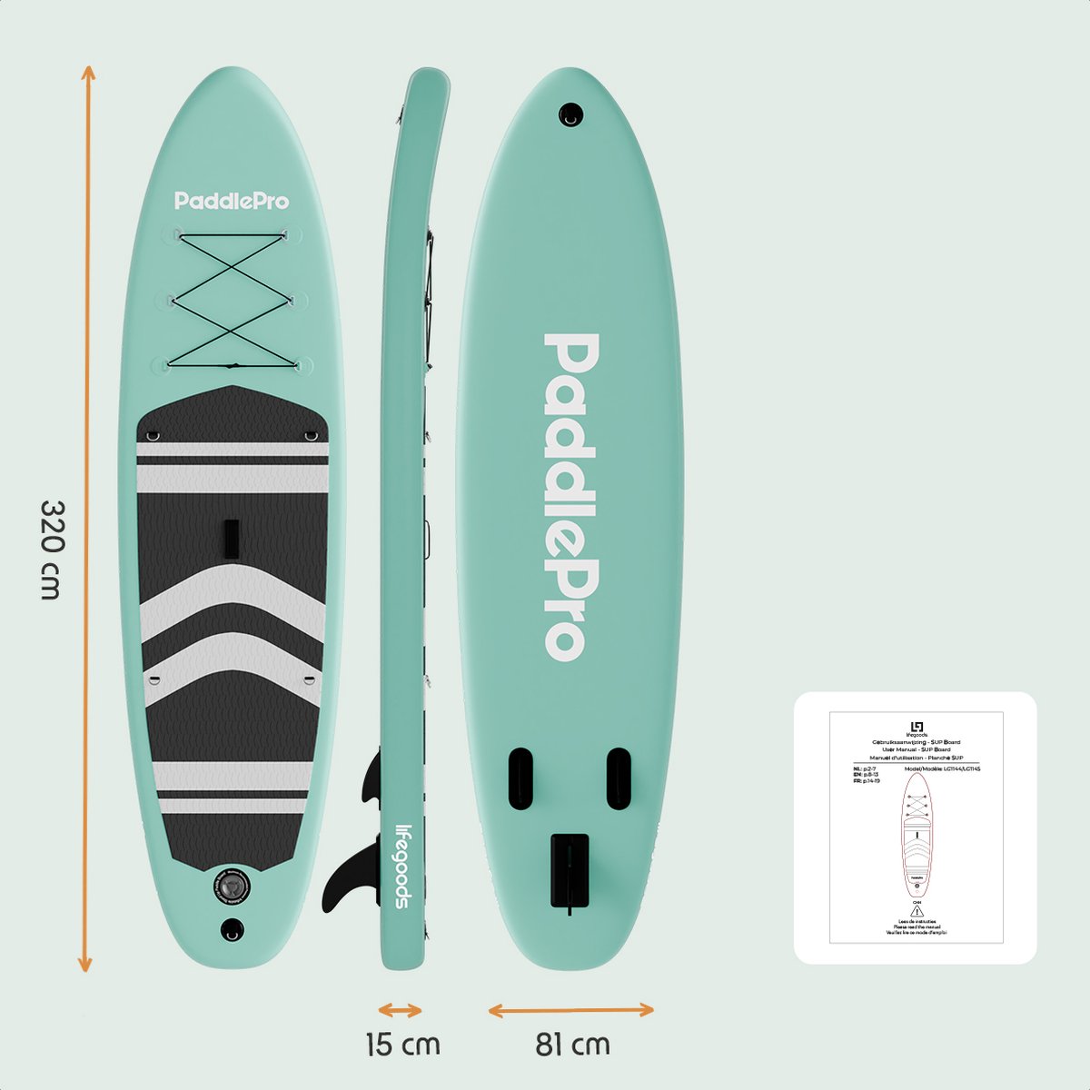 LifeGoods PaddlePro SUP Board - met Zitje - Opblaasbaar - Complete Set - Max. 135KG - 320x81cm - Pastelgroen