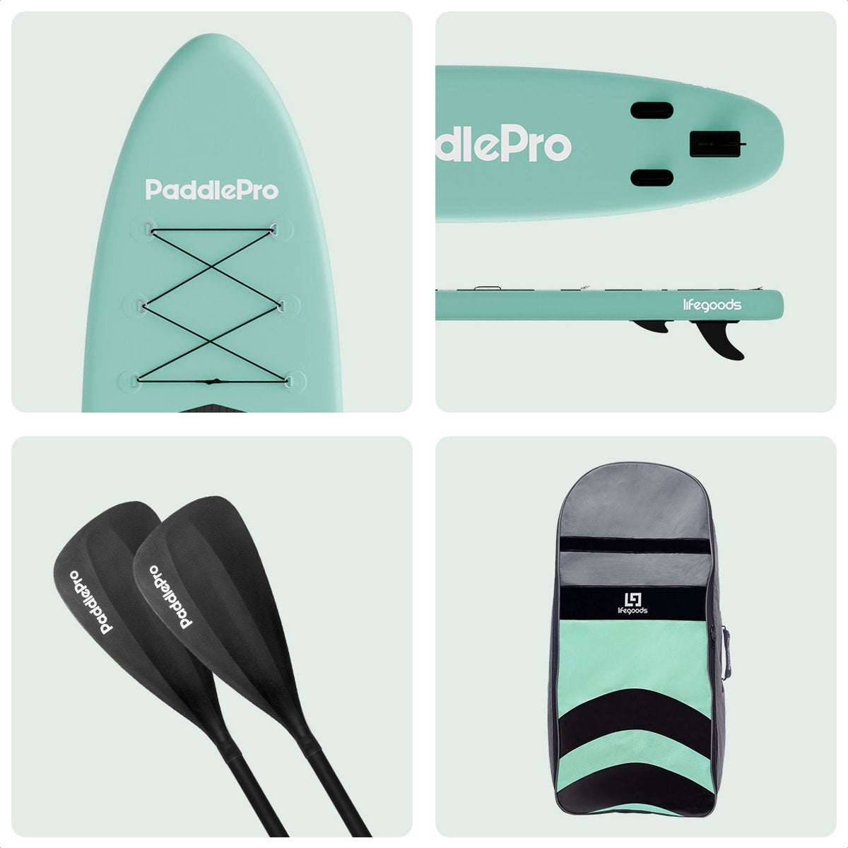 LifeGoods PaddlePro SUP Board - met Zitje - Opblaasbaar - Complete Set - Max. 135KG - 320x81cm - Pastelgroen
