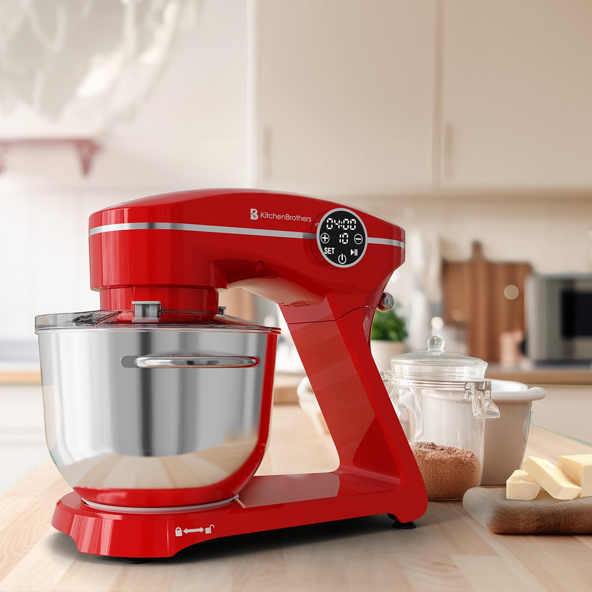 KitchenBrothers Keukenmachine - Touch Display en Timer - Keukenrobot - 6L - 1800W - Aluminium - Rood