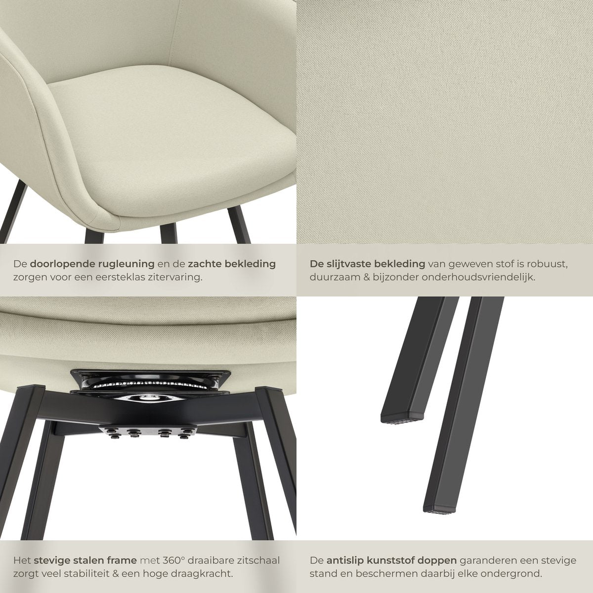 tectake® - Draaibare Eetkamerstoel Alicon - 57x59x88 cm – Set van 2 – Beige – Stijlvol en Comfortabel - Woonkamer Of Kantoor