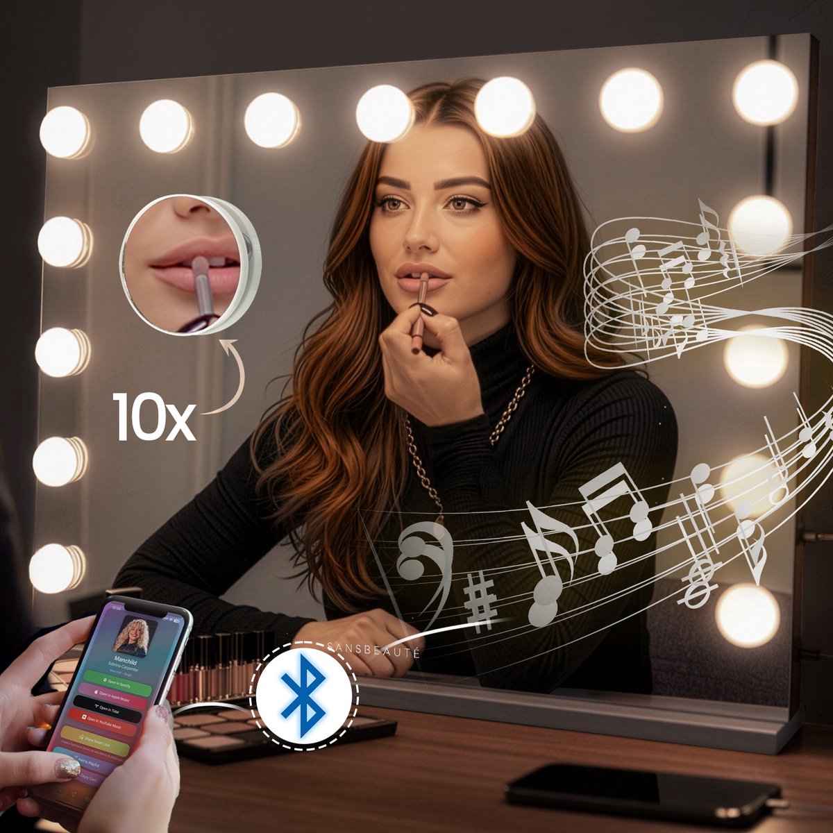 Sansbeauté® Hollywood Spiegel 58x43 cm - Make-up Spiegel - 15 LED Lampen - 10x Vergroting - Dimbaar - USB Oplaadpoort - Touch Control - Bluetooth - Wit