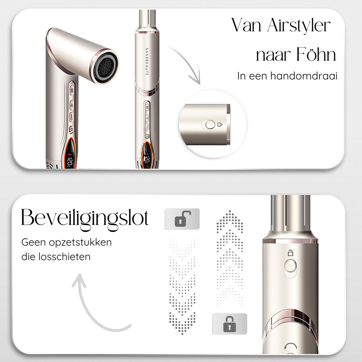 Sansbeauté® 7-in-1 Airstyler - Multistyler - Föhnborstel - Krultang - Stijlborstel - Haarstyler - Warmteborstel - Gold