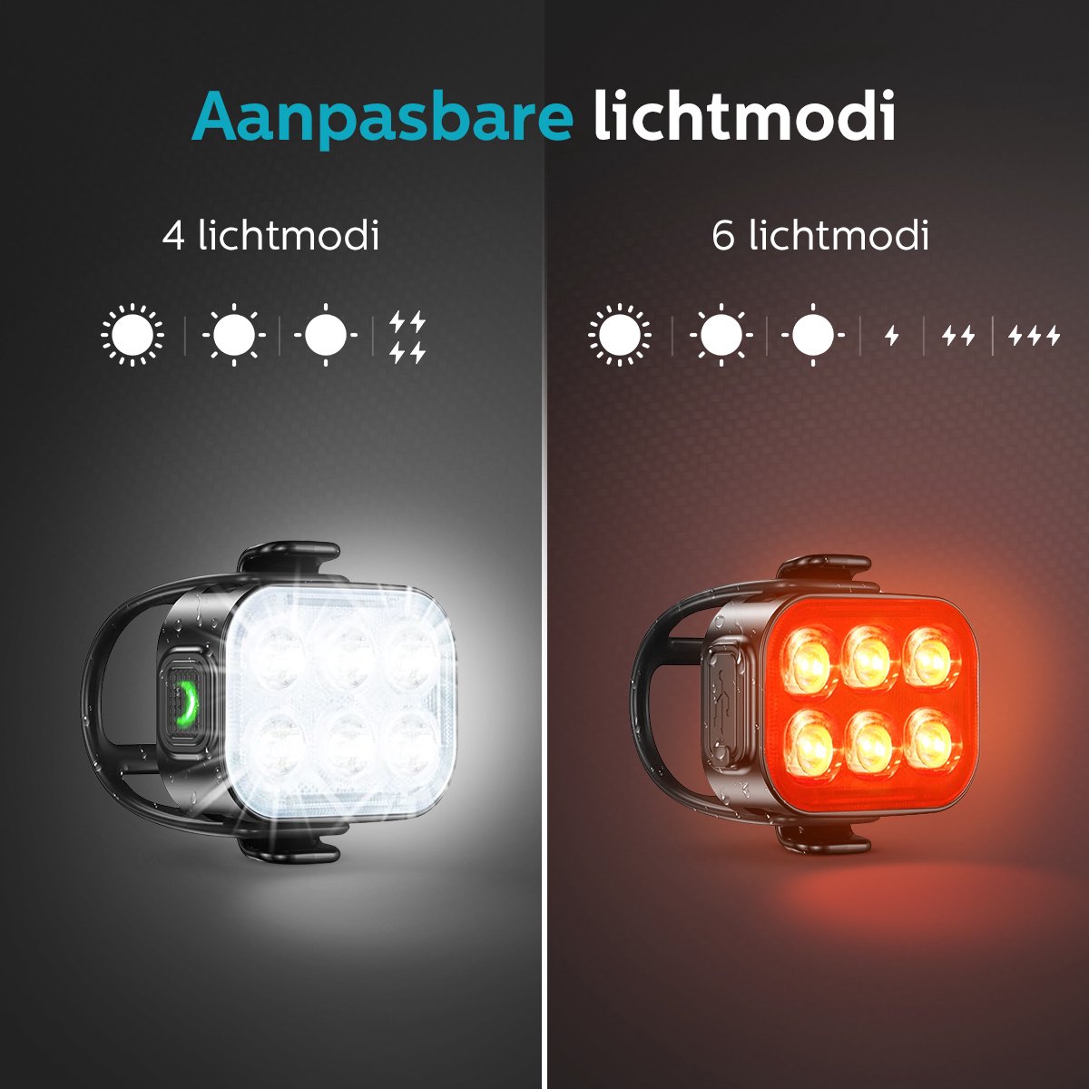Inlustro LED Fietslamp Set – Voor- en Achterlicht – USB Oplaadbaar – Waterdicht – 7,5 x 3,2 cm – Zwart