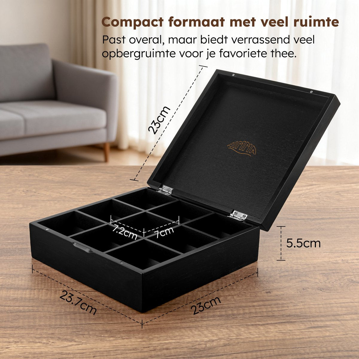 Nimma Theedoos – 9 Vaks – Zwart – FSC Hout – Met Magneetsluiting