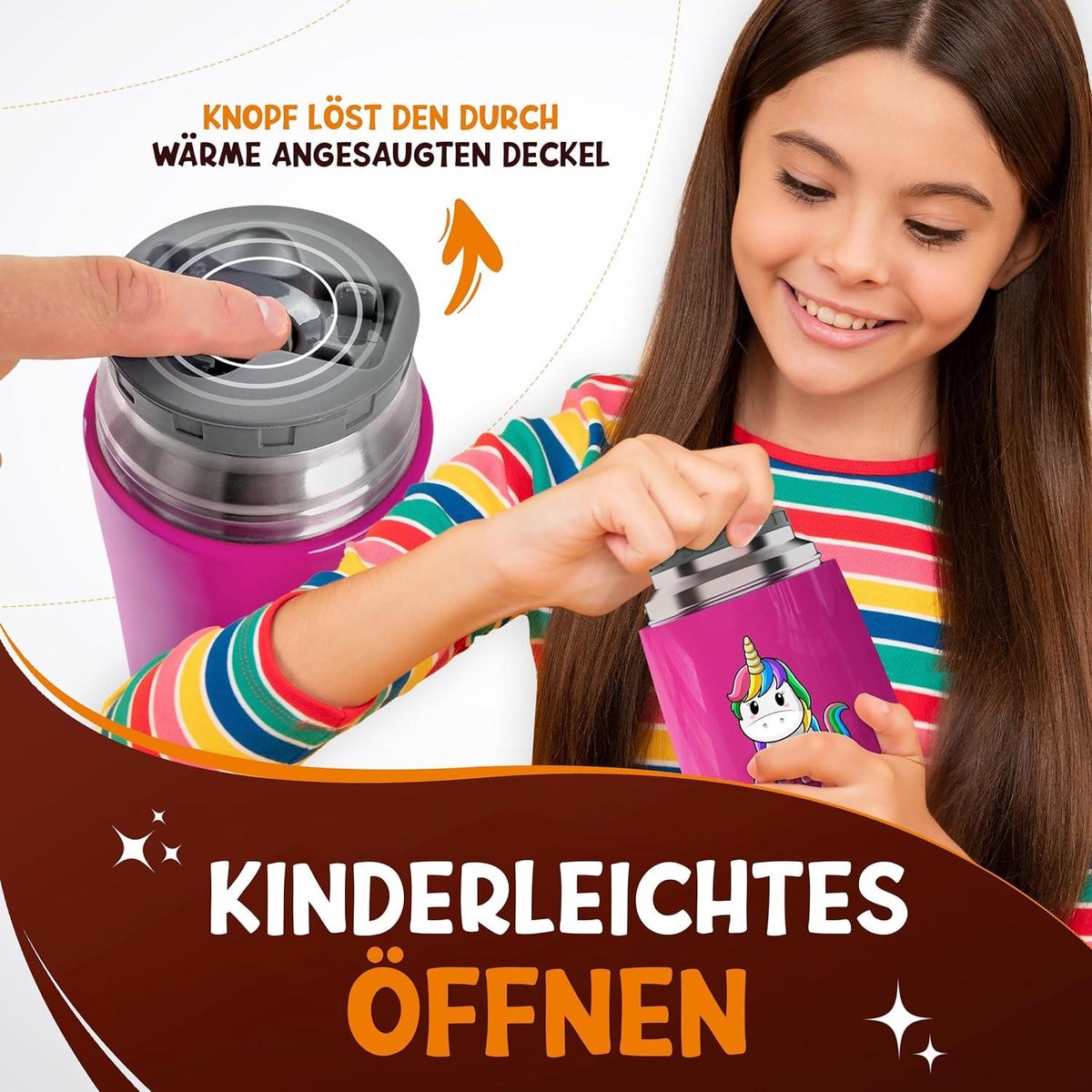 FUNKELFUCHS® Thermobeker voor kindervoeding - 500ml, roze eenhoorn - 100% lekvrij - Roestvrijstalen voedselwarmer - Thermo beker eten - Thermo lunchbox kinderen - Baby voedselwarmer