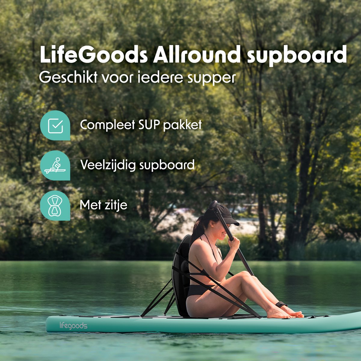 LifeGoods PaddlePro SUP Board - met Zitje - Opblaasbaar - Complete Set - Max. 135KG - 320x81cm - Pastelgroen