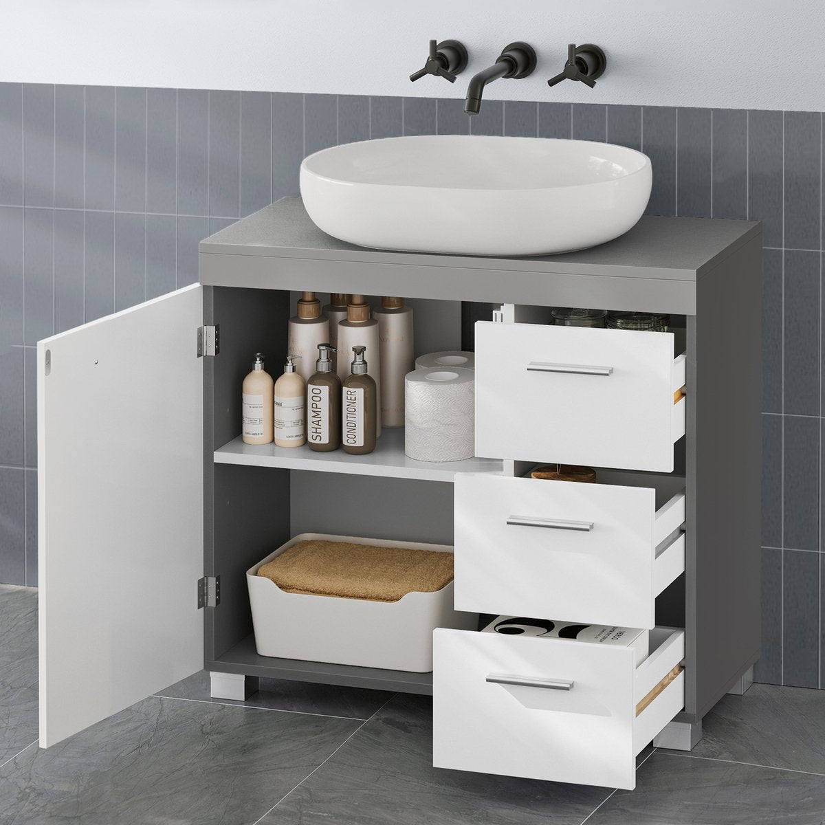 EUGAD wastafelonderkast - badkamerkast met 3 lades en 2 vakken - verstelbare plank - wit grijs - 60 x 60 x 30 cm