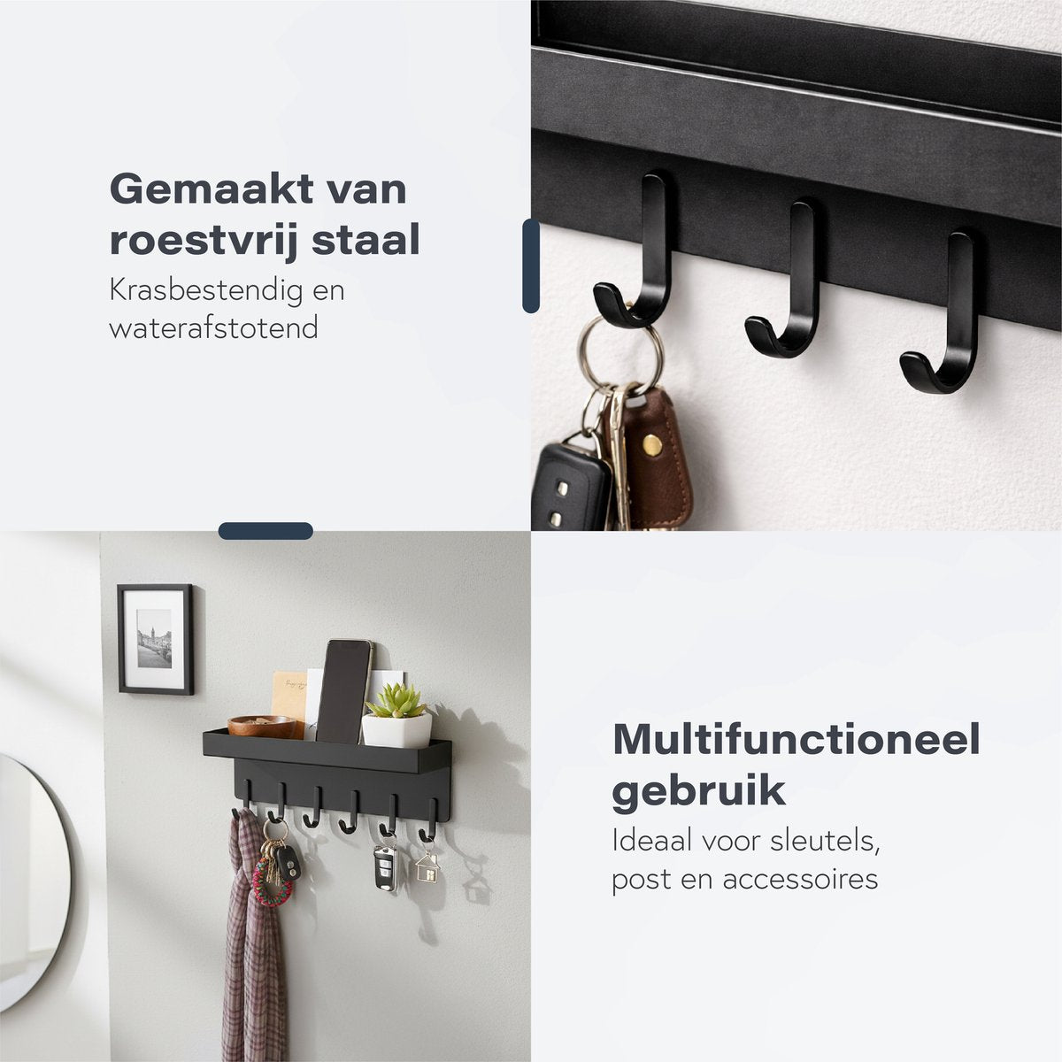 Luft Sleutelhouder met Plank - 6 Haken - Kapstok - Organizer - Muur - Industrieel - Zwart