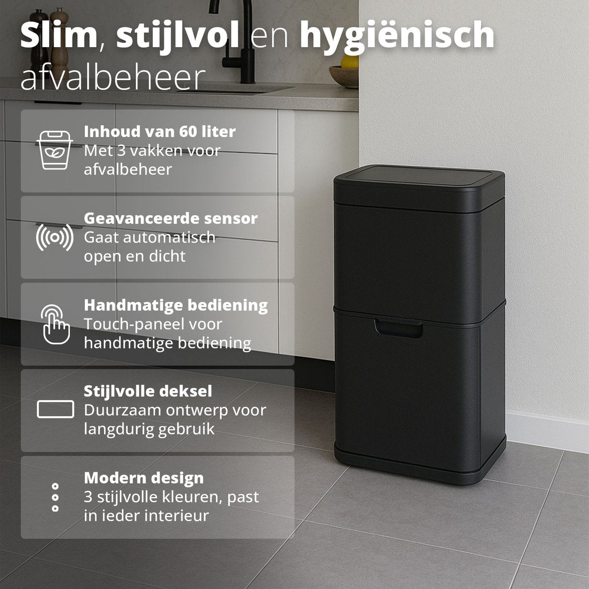 Home & Comfort - FlinQ Senzaro 60L Prullenbak Afvalscheiding - Vuilnisbak - Afvalscheidingsprullenbak - Bewegingssensor - Zwart