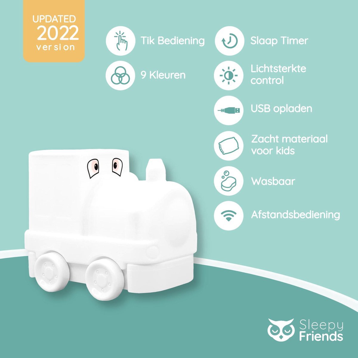 Sleepy Friends Trein Nachtlampje Kinderkamer - Dimbaar LED Nachtlampje 8 Kleuren - 95,2 x 97,4 x 100 mm - Grijs - Inclusief Afstandsbediening
