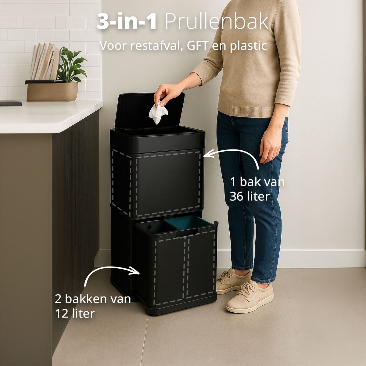 Home & Comfort - FlinQ Senzaro 60L Prullenbak Afvalscheiding - Vuilnisbak - Afvalscheidingsprullenbak - Bewegingssensor - Zwart