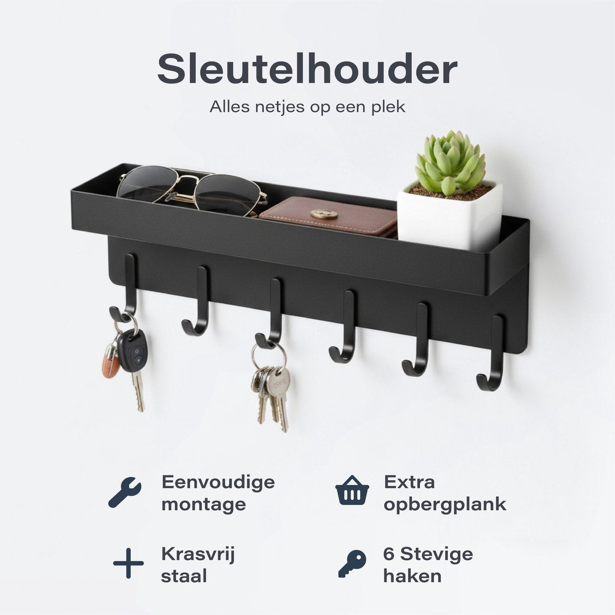 Luft Sleutelhouder met Plank - 6 Haken - Kapstok - Organizer - Muur - Industrieel - Zwart