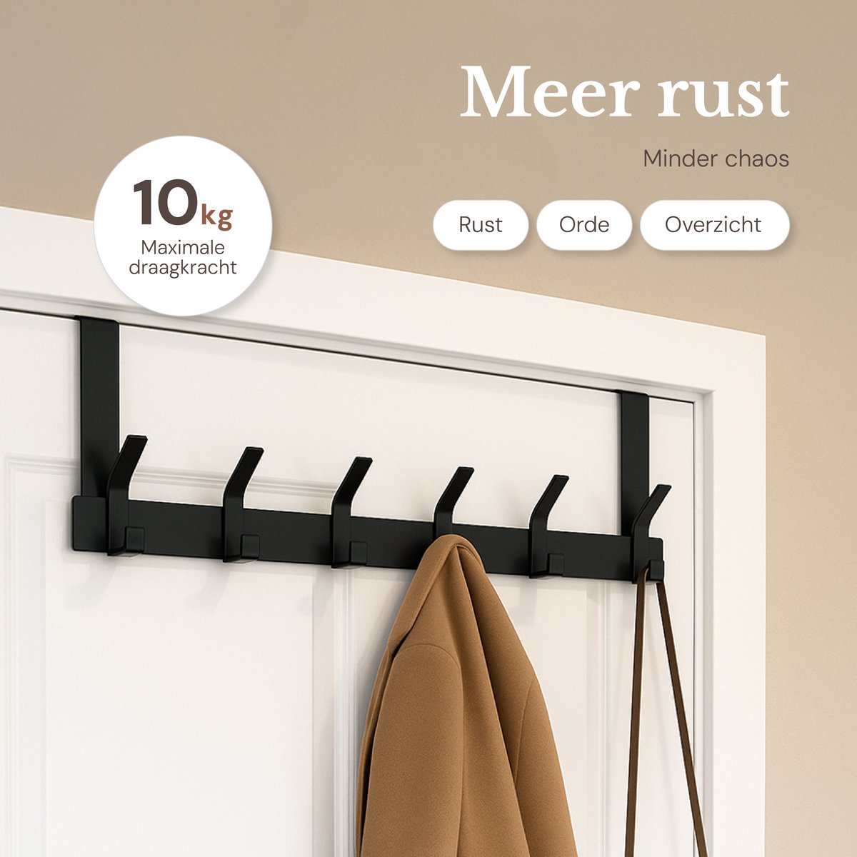O’DADDY® Deurkapstok - 6 Haken - Deurhaak - Deurhanger - Deur kapstok hangend - Ophanghaak - Bevestiging met 3M Tape - Industrieel Design - Zwart