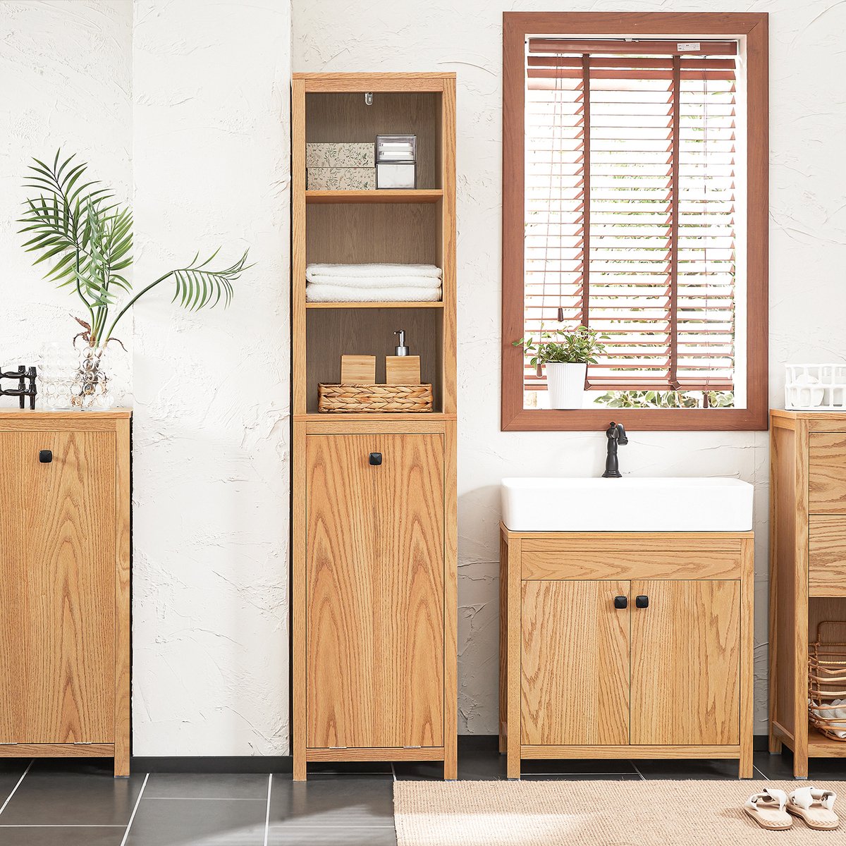 SoBuy BZR95-N Badkamerkast - Wood Composite Hoge Kast met Planken & Wasmand - 172 x 40 x 35 cm -Houtkleur