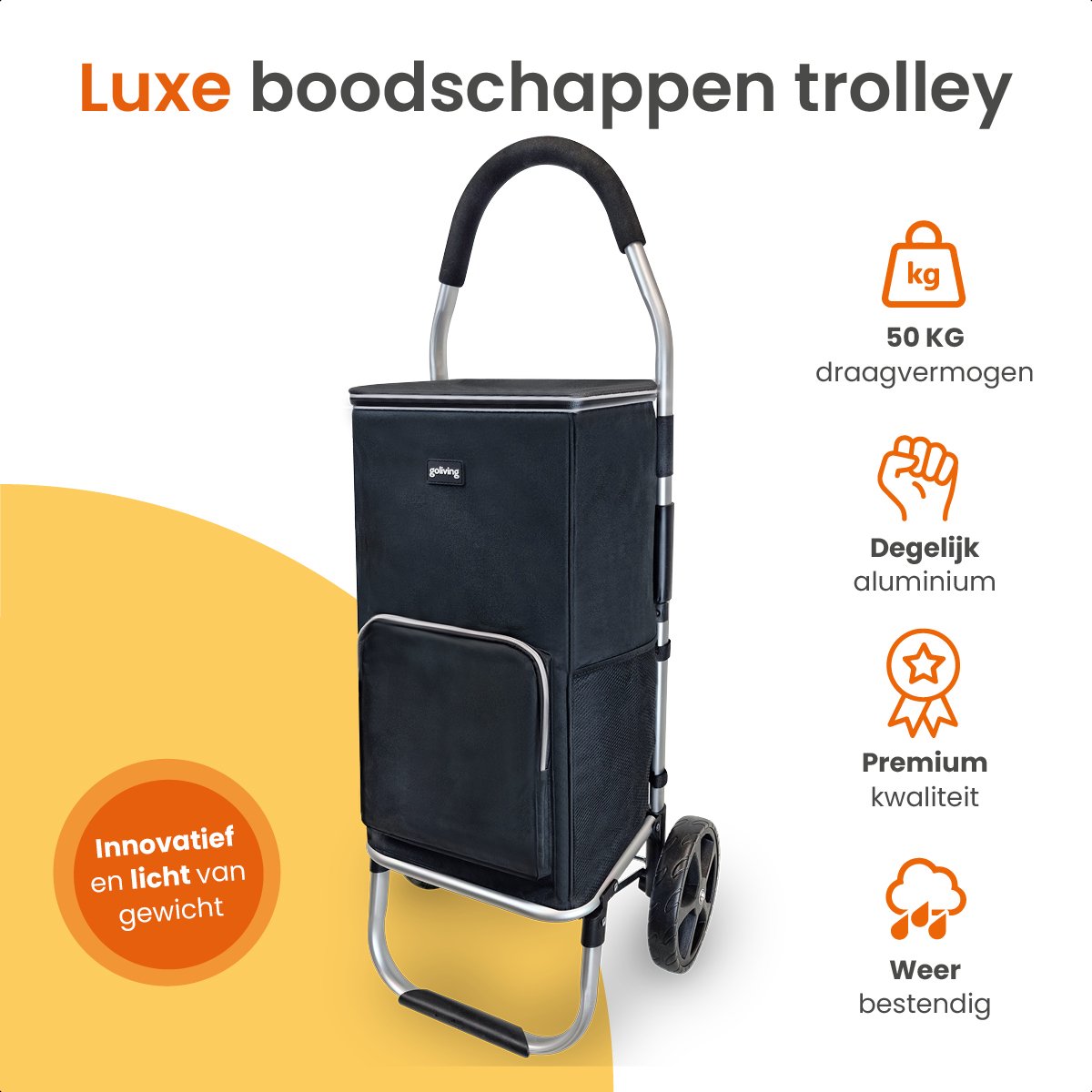 Goliving Boodschappentrolley - Boodschappenwagen met Zijvakken en Koelvak - Opvouwbaar - Weerbestendig - Roestvrij Aluminium - Boodschappenkar met Wielen - 50L - Zwart