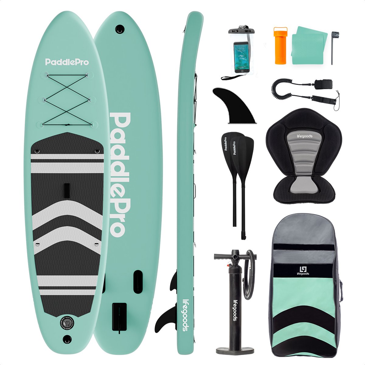 LifeGoods PaddlePro SUP Board - met Zitje - Opblaasbaar - Complete Set - Max. 135KG - 320x81cm - Pastelgroen