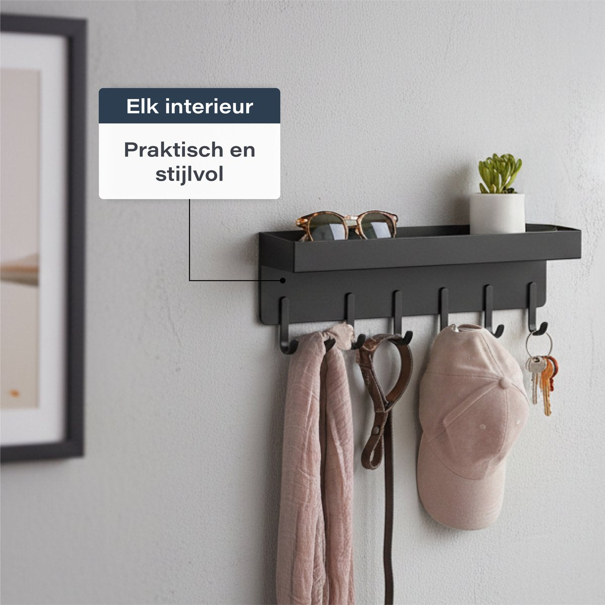 Luft Sleutelhouder met Plank - 6 Haken - Kapstok - Organizer - Muur - Industrieel - Zwart