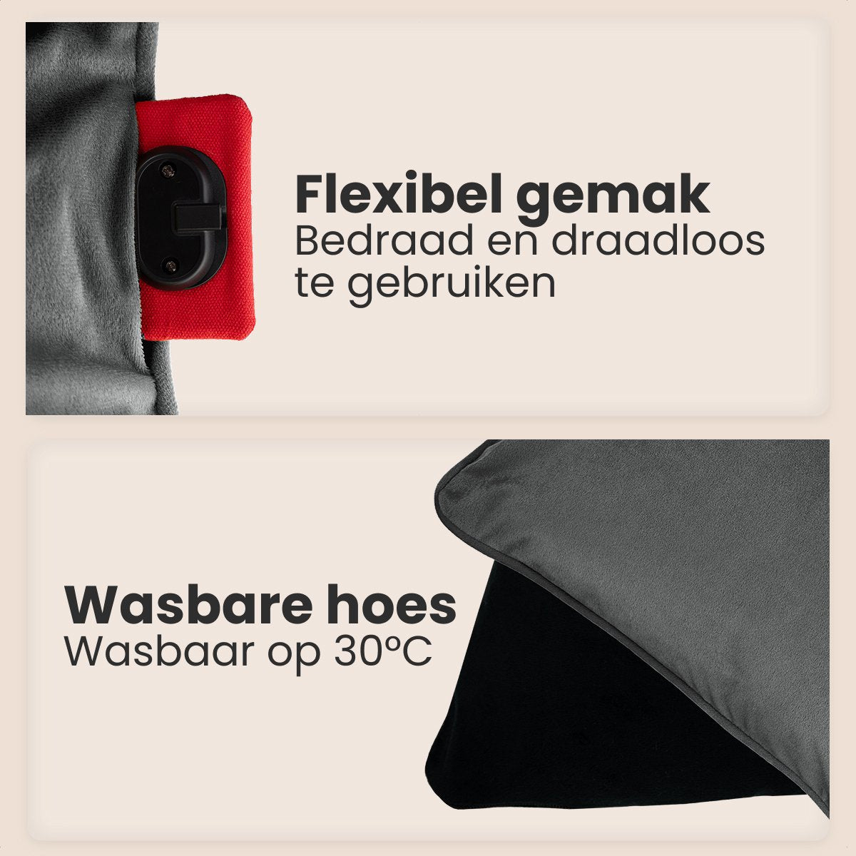 Auronic Warmtekussen - Velvet - 45x60 - Draadloos - Oplaadbaar - Elektrisch kussen - Infrarood - Grijs