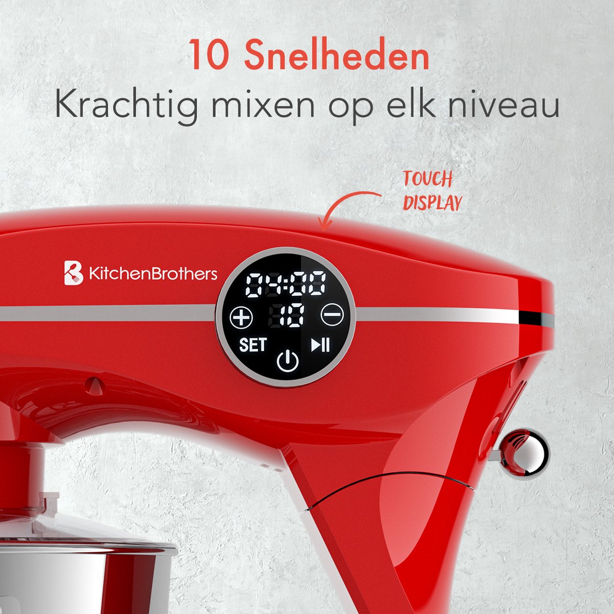 KitchenBrothers Keukenmachine - Touch Display en Timer - Keukenrobot - 6L - 1800W - Aluminium - Rood