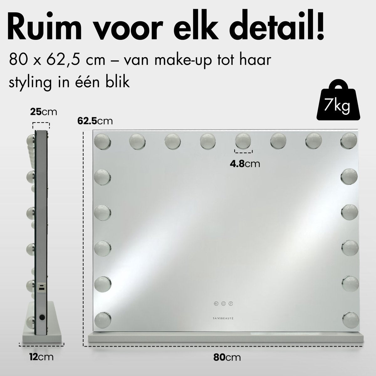 Sansbeauté® Hollywood Spiegel 80x62,5 cm - Make-up Spiegel - 18 LED Lampen - 10x Vergroting - Dimbaar - USB Oplaadpoort - Touch Control - Wit