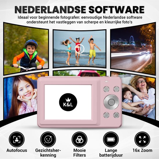 K&L Digitale Camera - Fototoestel - Fotocamera - Compact Camera - Vlog Camera - Voor Kinderen - Inclusief 32GB - Roze