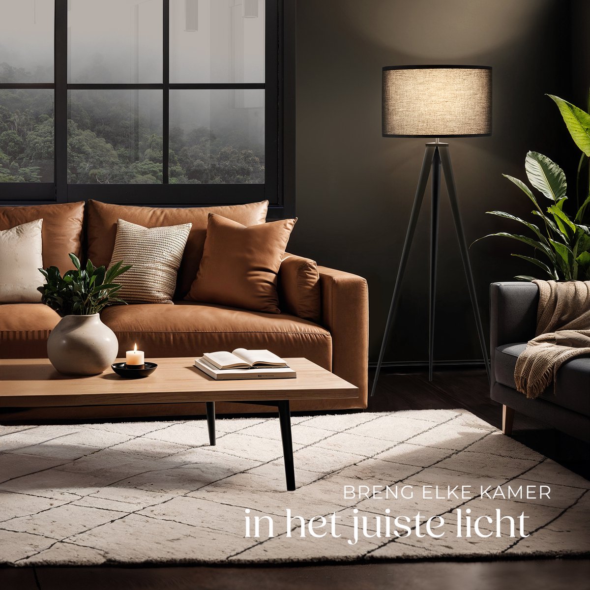 tectake® Vloerlamp - Staande lamp 3-poot - 158 cm hoog - Linnenlook kap - Voetschakelaar - Zwart